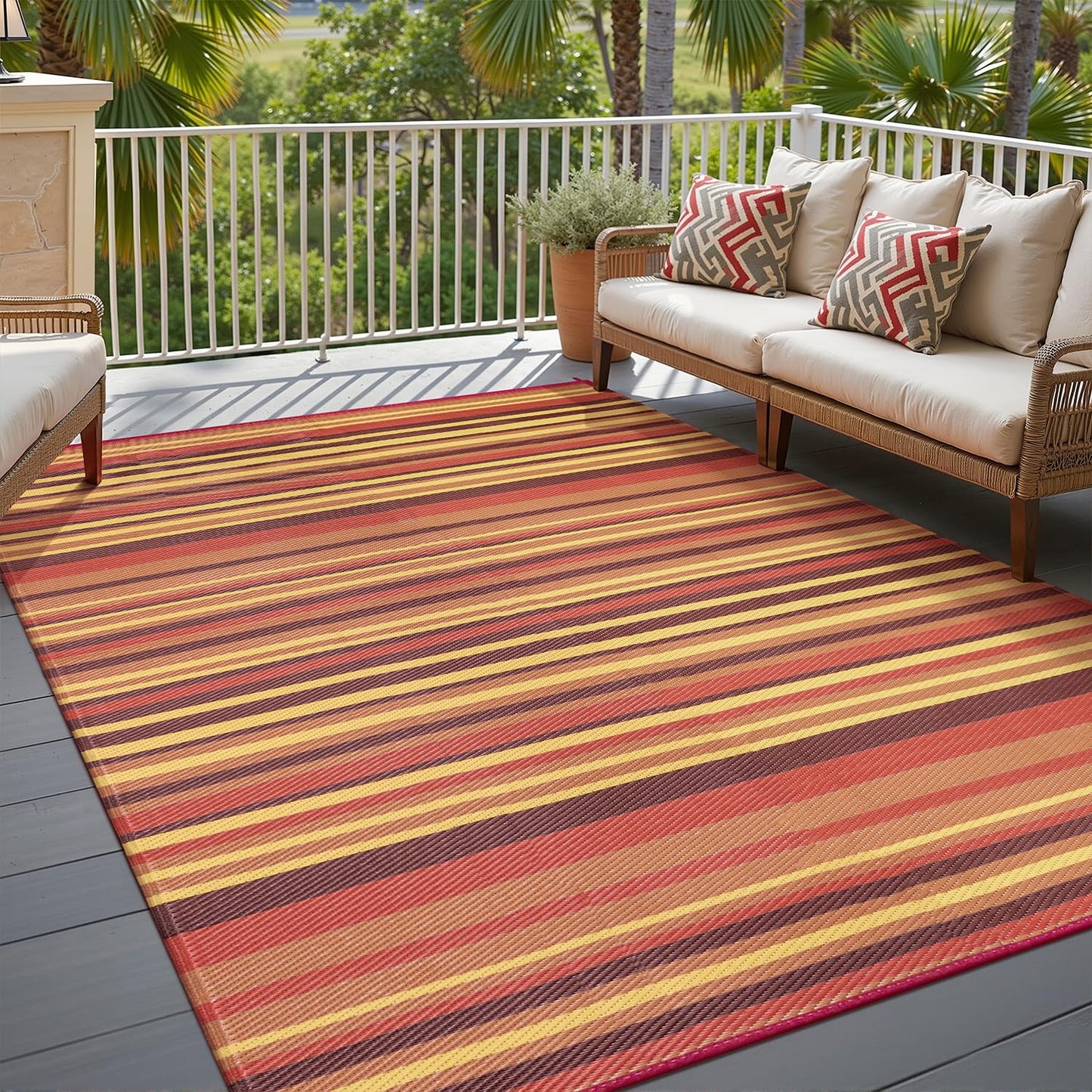 WondRg Outdoor Rug Patio Mat 6x9 Waterproof Plastic Straw Red Orange Stripe Tapis Exterieur for Camping Picnic Deck Washable Outside Carpet Balcony Backyard Porch RV Portable Reversible Lightweight