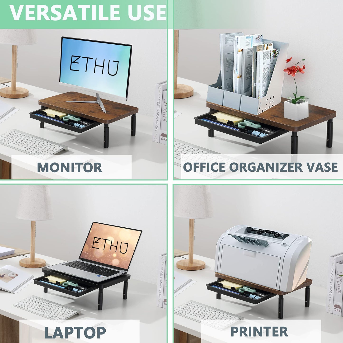 ETHU Monitor Stand for Desk, 3 Height Adjustable Computer Monitor Riser with Storage Drawer for Desk, Wood Computer Monitor Stand for Office and Home, Ergonomic Desk Stand for Computer, Printer, Laptop, PC and iMac 2 Pack(Black)