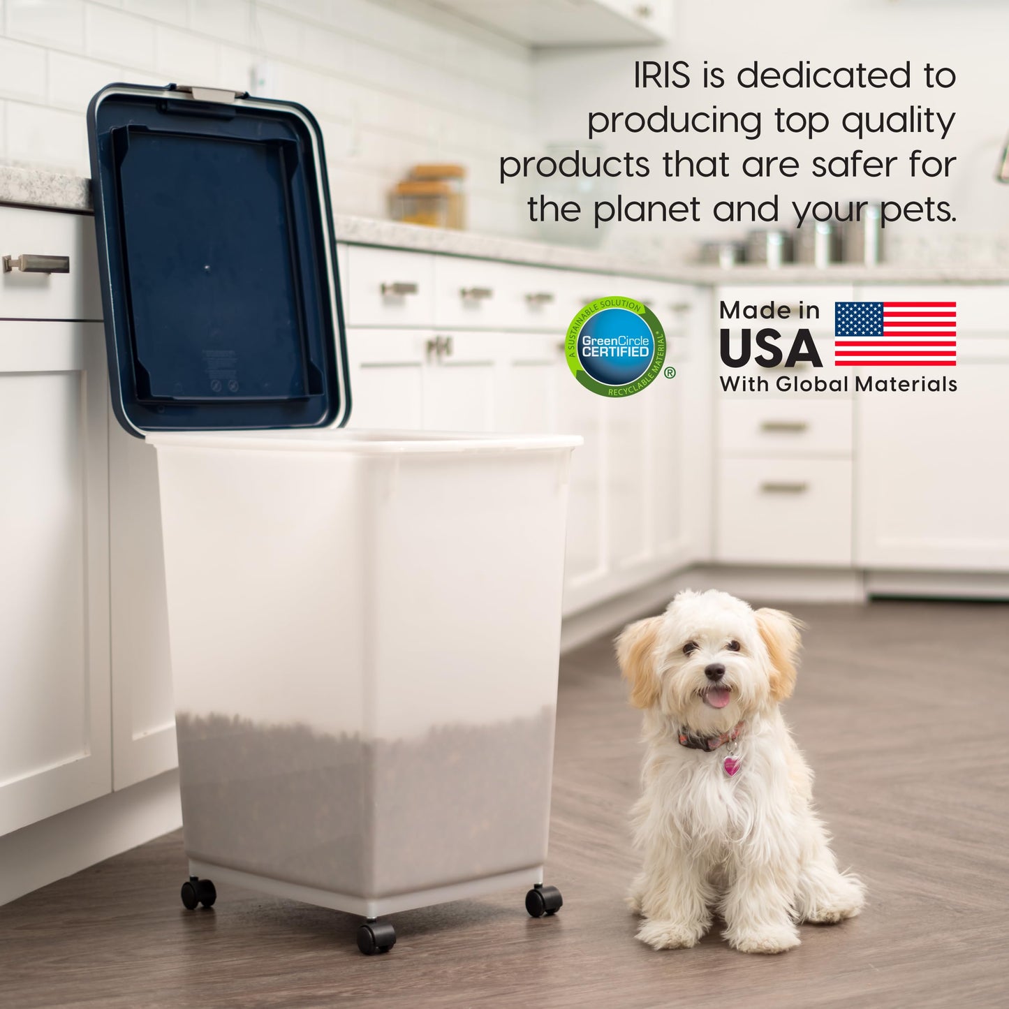 IRIS USA Airtight Dog Food Storage Container, Up to 24.5 Kg, Attachable Wheels, for Dog Cat Bird and other Pet Food Storage Bin, Keep Fresh, Easy Mobility, BPA Free, Navy/Pearl
