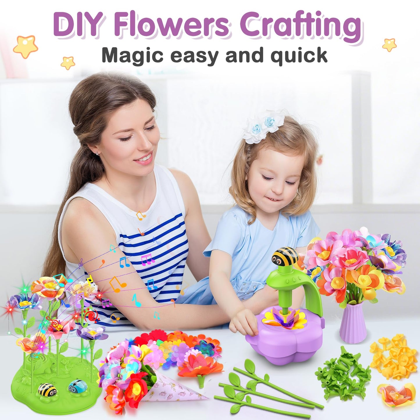 Fabric Flower Bouquets Toys, DIY Arts and Crafts Kit Toys for Kids Ages 4-8, Preschool Educational Activity Toy, Toddler Girls Christmas Birthday gifts for 4 5 6 7 8 Year Old Girl