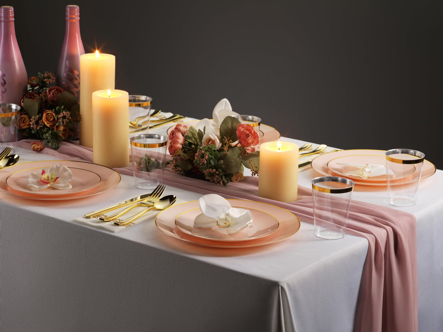Munfix 100 Pink Gold Plastic Plates Set, 50 Pcs 10.25 Inch Disposable Dinner and 50 Pcs 7.5 Inch Plastic Dessert Plates, Elegant Fancy Heavy Duty for Party, Wedding, Pink with Gold Rim