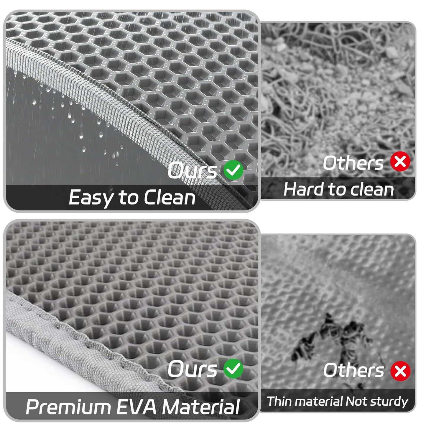 Garoopion Cat Litter Mat, 90 x76 cm Cat Litter Box Mat, EVA Waterproof Trapper, Honeycomb Double Layer Catcher, Easy to Clean, Gray, 1 Side Connected