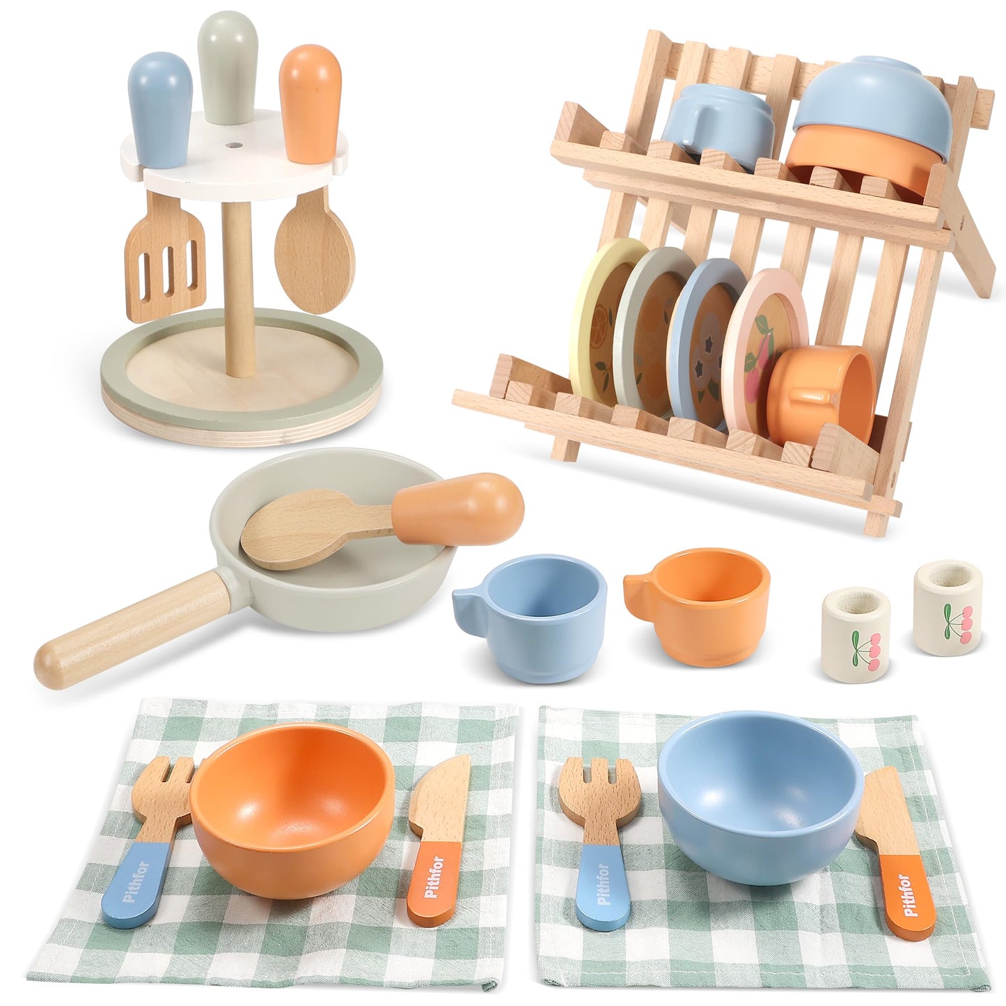 Pithfor Wooden Play Cookware Set, Pretend Play Kitchen Accessories Toys Set for Kids Toddlers, Including Play Dishes, Pan, Tableware, Utensils
