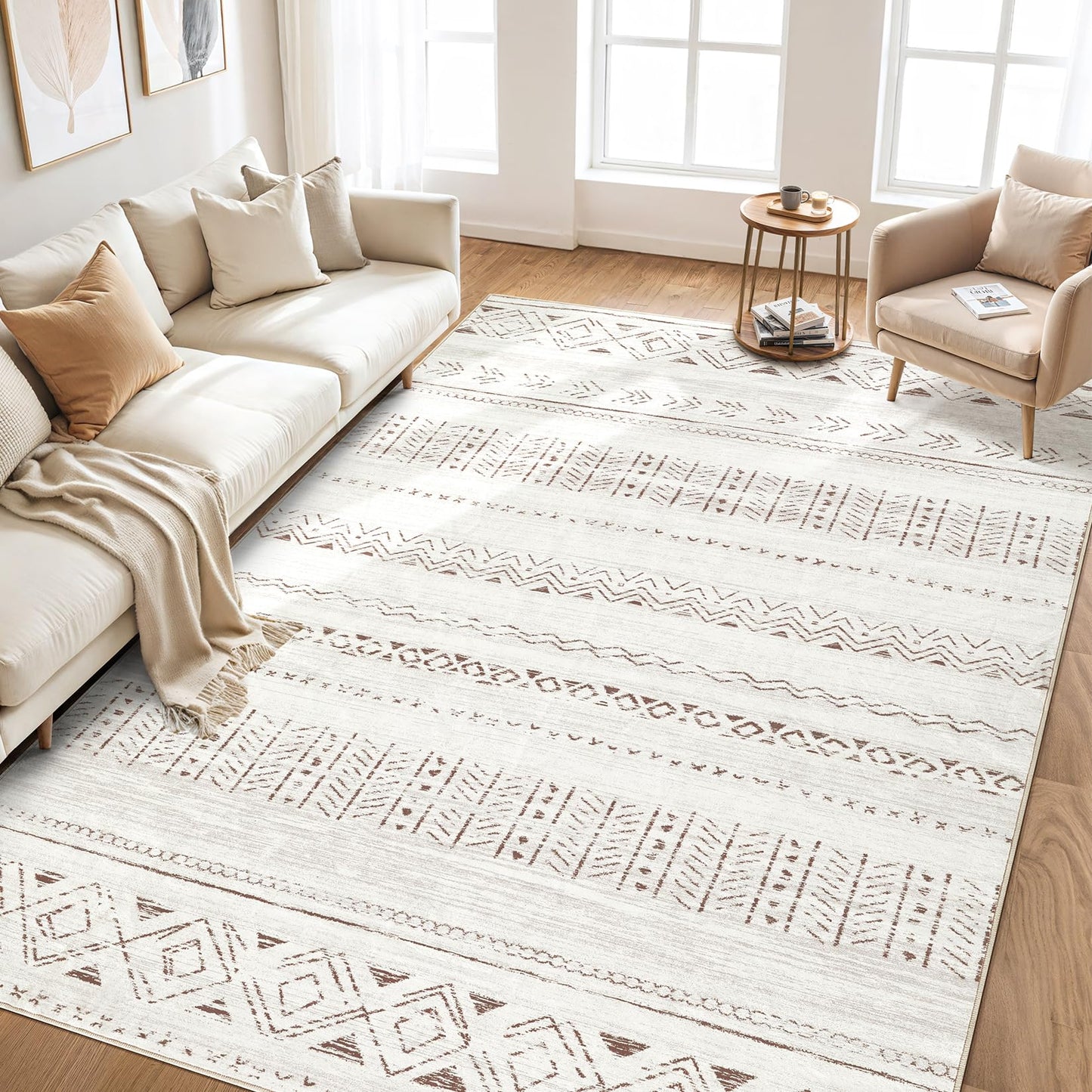 Area Rugs for Living Room Washable Living Room Rug Soft Neutral Indoor Floor Carpet Non-Slip Stain Resistant Modern Boho Rugs for Bedroom Dining Room Kids Room Nursery Office Home Brown
