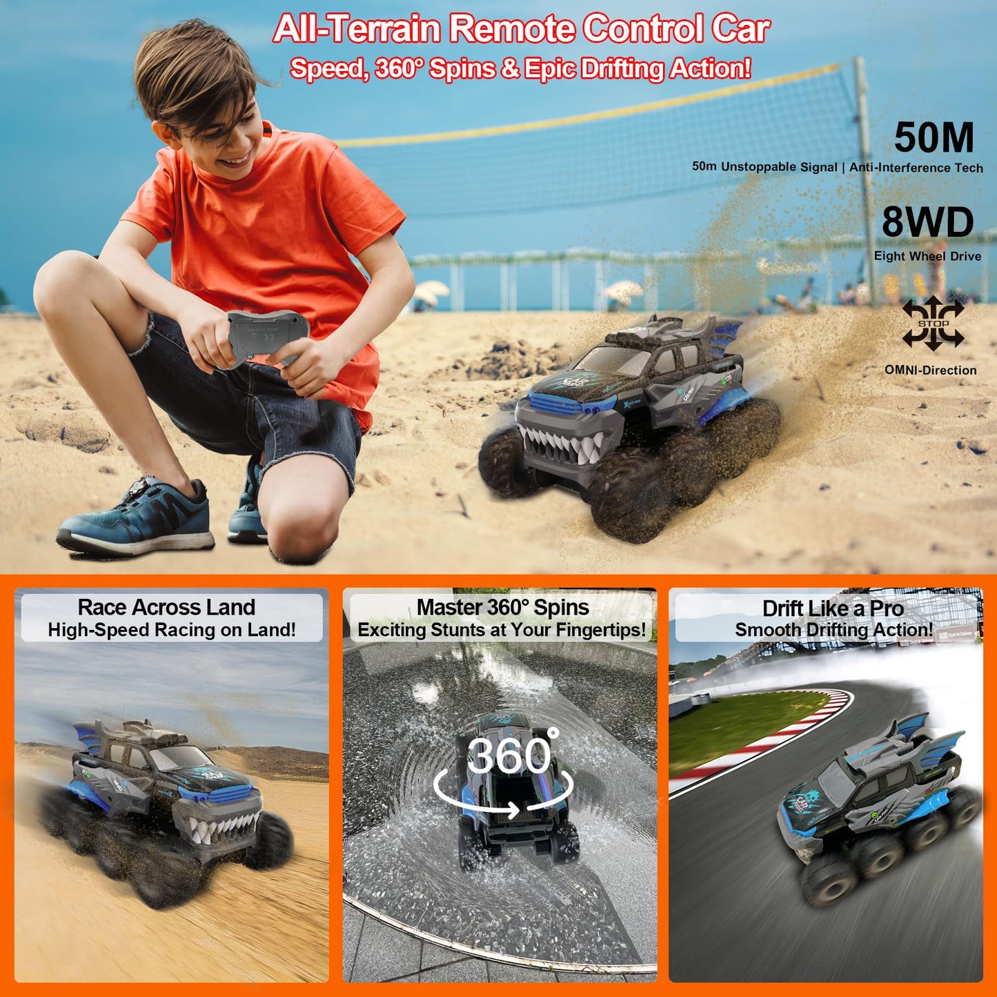 Amphibious Remote Control Car 8WD RC Monster Truck with 2 Rechargeable Batteries for Boys Age 8-12 Offroad Waterproof RC Pickup 2.4GHz All Terrain RC Drift Cars Beach Pool Toys Gifts for Kids Blue