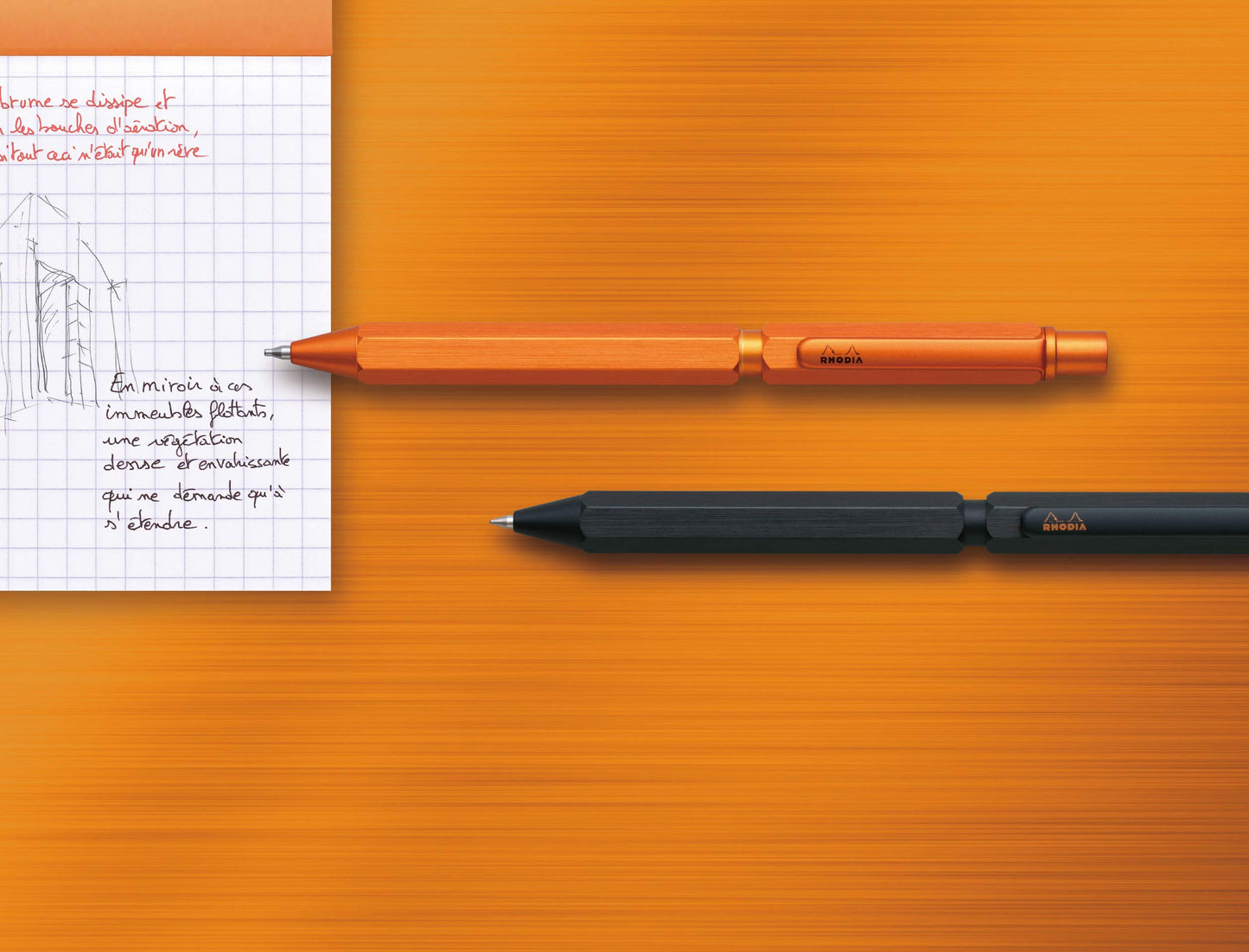 RHODIA 9340C - 3 in 1 scRipt Multipen 2 Ballpoint Pens 0.5 mm Black & Red + 1 Graphite Mechanical Pencil 0.5 mm - Hexagonal Body in Orange Brushed Aluminium - Refillable - Eraser Under the Push Button