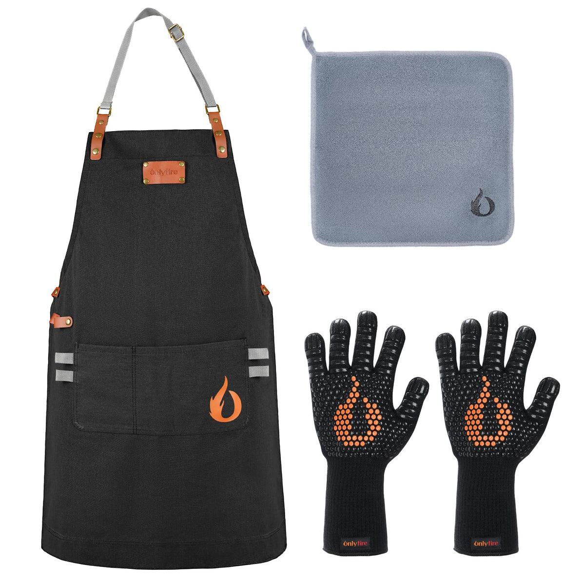 onlyfire Cooking Chef Apron with Pockets, 1472°F Heat Resistant Grill Gloves and Cleaning Cloth for Cooking, Grilling, Barbecue, Smoker, Baking, Frying, Kitchen Tools BBQ Accessories