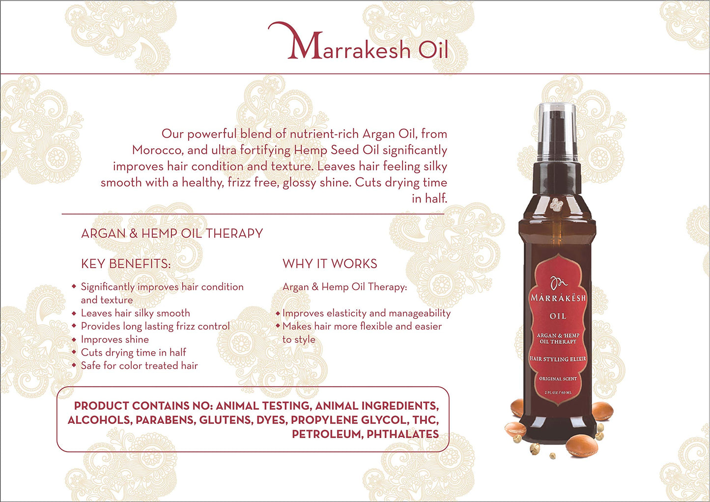 MARRAKESH Marrakesh Hair Care Argan and Hemp Styling Oil, 2 ounces, EARTHLY BODY Marrakesh Oil Hair Styling Elixir 2 oz (MK001)