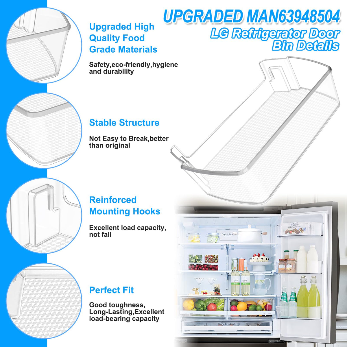 UPGRADED MAN63948504 Refrigerator Door Shelf Bin Compatible with LG Refrigerator Door Shelf Replacement Parts LFCC22426S LFXC22526D LFXS26973S MAN63948504 Kenmore LG Fridge Door Basket Door Shelves