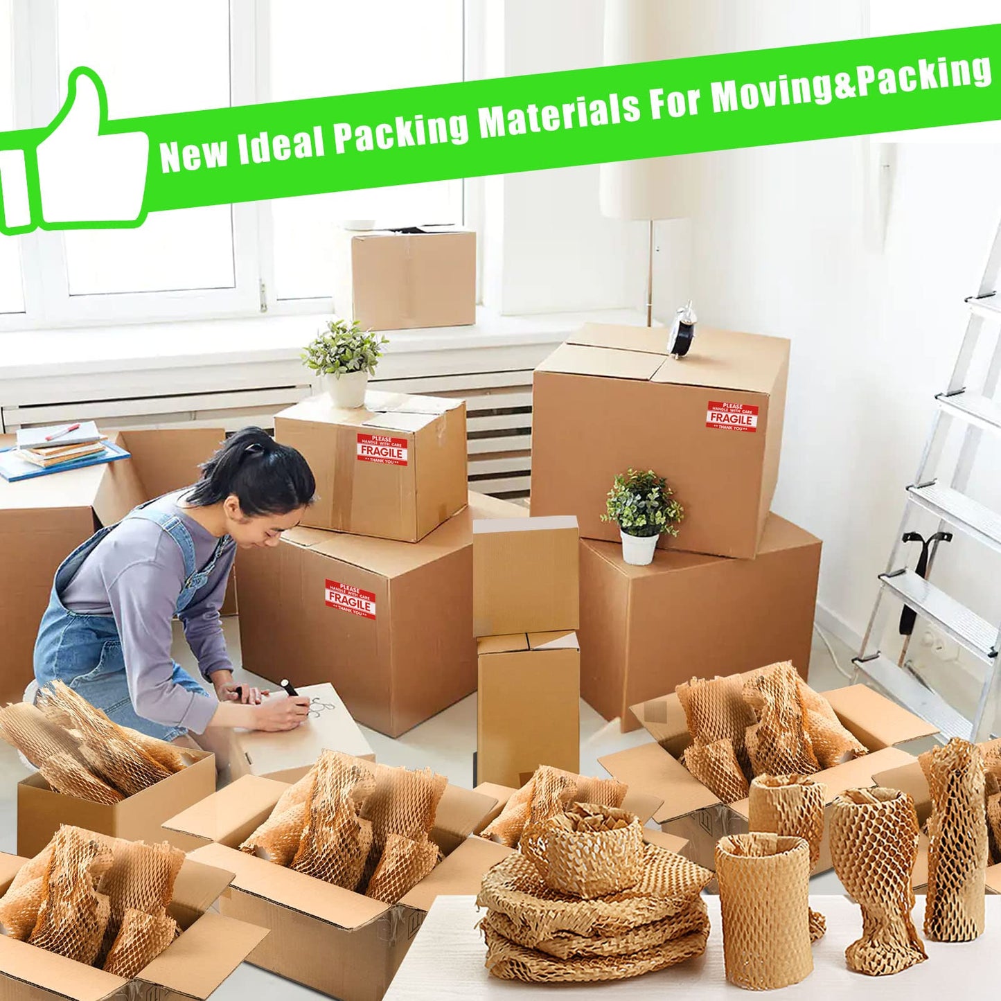 Honeycomb Packing Paper, MINHAO 15"x500' Eco Friendly Packing Paper for Moving Recyclable Honeycomb Paper Moving Supplies Bubble Paper Wrapping Protective Roll, With 36 Fragile Sticker Labels