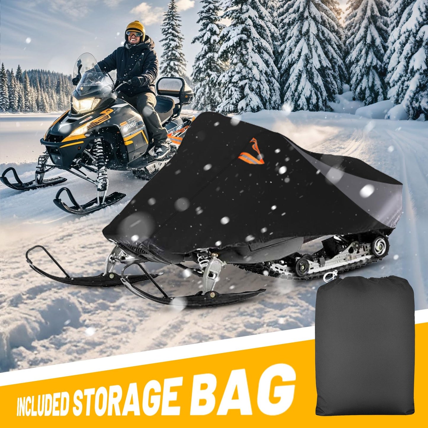 AUTOLION Waterproof Snowmobile Cover, Compatible with Polaris Ski Doo Arctic Cat Yamaha, Windproof Snowshield Cover with Windproof Buckles (130''L × 51''W × 48''H) Black and Grey