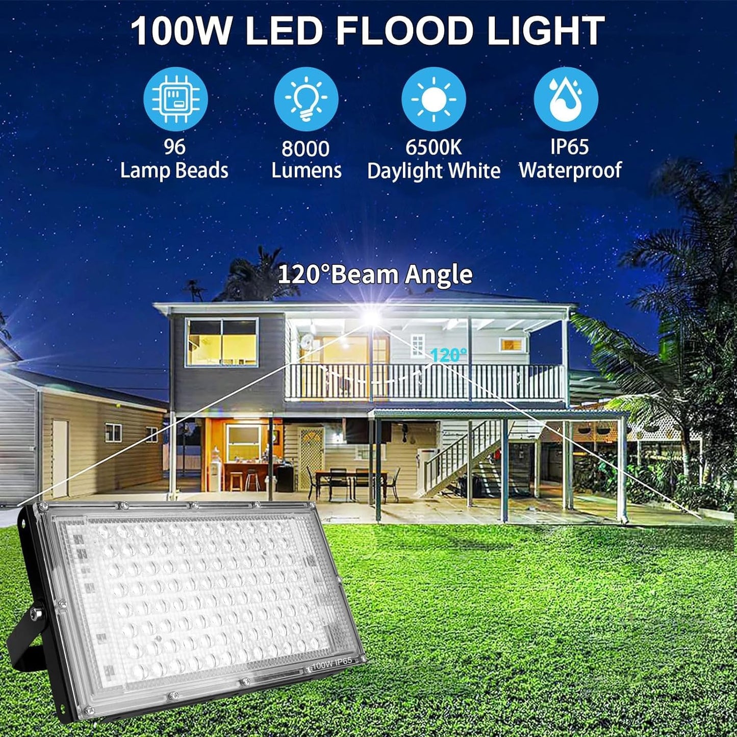 100W LED Outdoor Flood Light, 2 Pack 8000LM Plug in Flood Light Outdoor, IP66 Waterproof Exterior Security Lights, 6500K Daylight White Super Bright Floodlight for Garage, Yard, Lawn, Garden