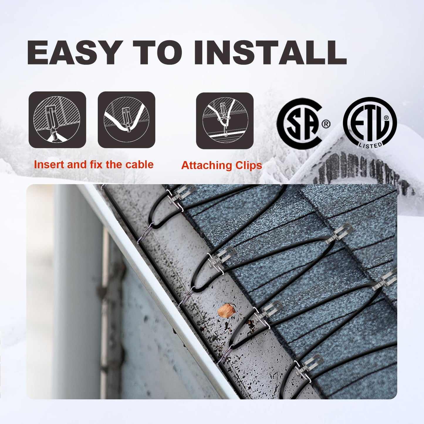 TOPDURE 60 feet Roof & Gutter Snow De-Icing Kit, 5W/ft Heat Tape for Roof and Gutters Ice Dam Prevention with 6 ft Power Cord, TDRD-300-1