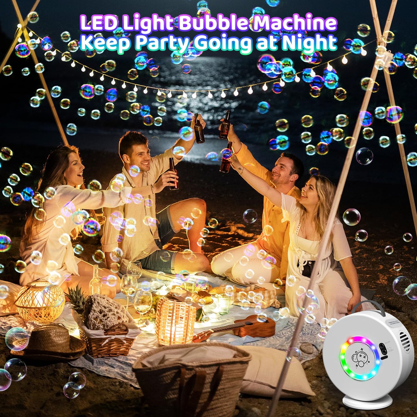 Bubble Machine for Kids Toddlers,Automatic Bubble Blower Rechargeable, 90° 360° Auto Rotatable Portable Bubble Maker Toy for 3 4 5 Year Old, Outdoor Wedding Party Birthday Gifts (White with Light)