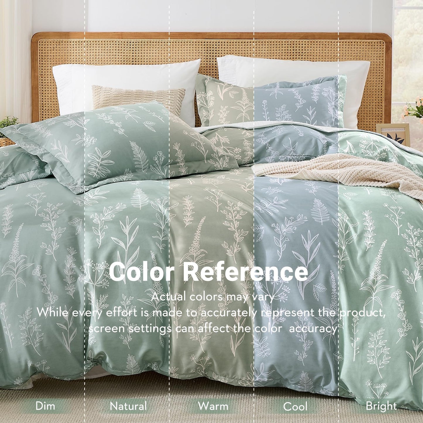 MUXHOMO Duvet Cover King Size, Reversible Floral Green Duvet Cover Set with Zipper Closure, 3 Pieces Botanical Patterns Soft Microfiber Bedding Set with 4 Ties (90"x104", 2 Pillow Cases)