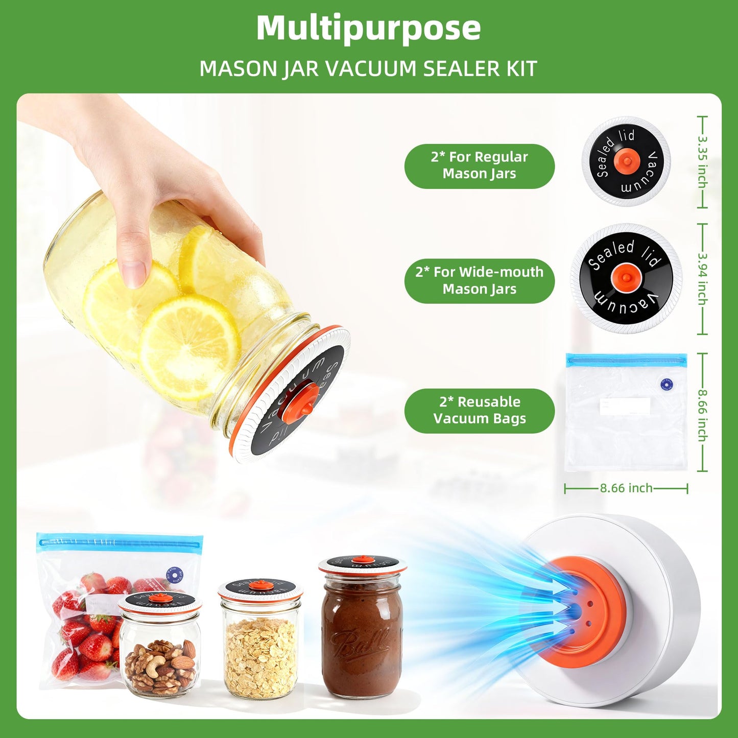 Electric Mason Jar Vacuum Sealer - Upgraded 3-in-1 Portable Vacuum Sealer Kit for Mason Jars, Vacuum Seal Bags & Containers - Ideal for Jams, Pickles, Dry Foods-White