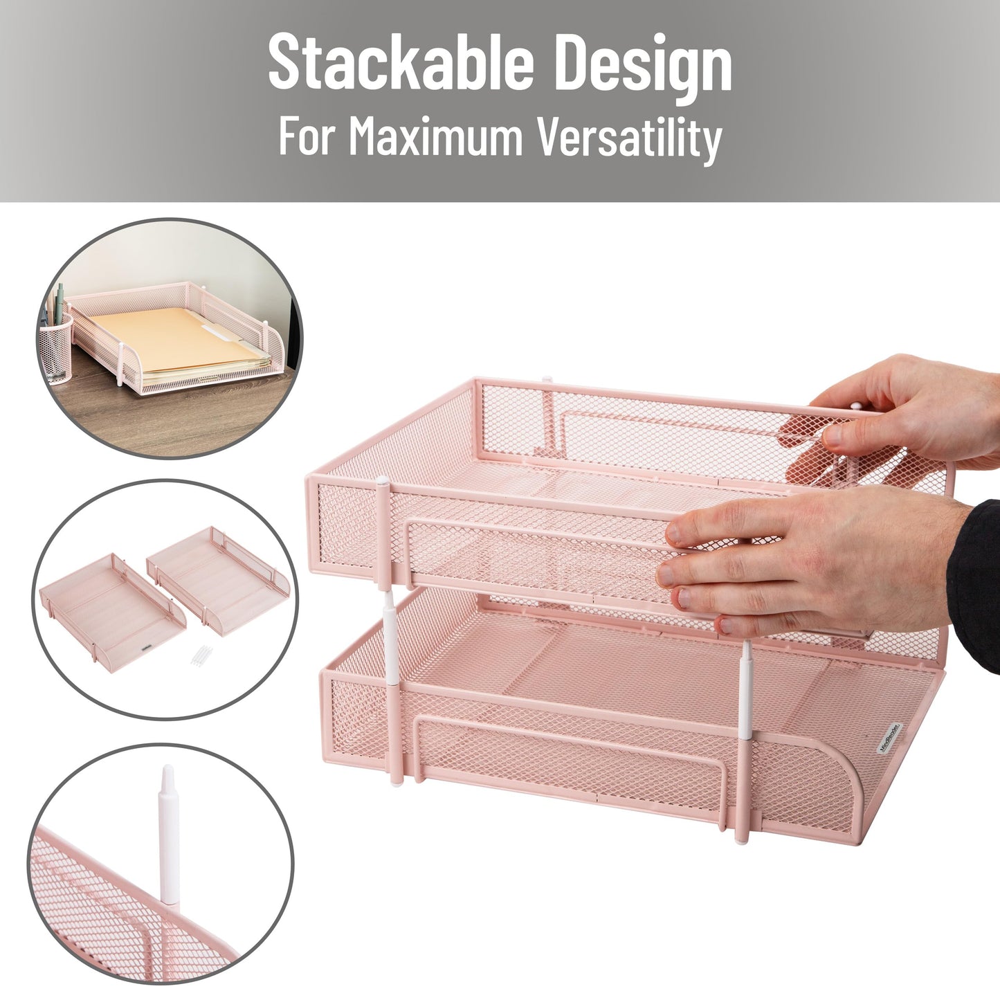 Mind Reader 2-Piece Stackable Metal Mesh Letter Tray, Desktop File Organizer, Document Holder, Magazine Storage, Pink