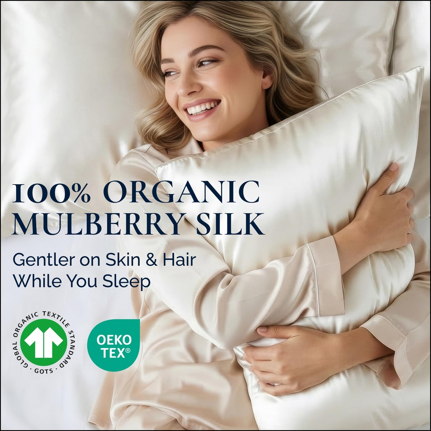 RENESSY Premium Silk Pillowcase 100% Organic Mulberry Silk, 22 Momme, Grade 6A - Oeko-Tex Certified in Germany - Luxury for Hair & Skin, 1 Piece (Standard, Natural Silk Off-White)