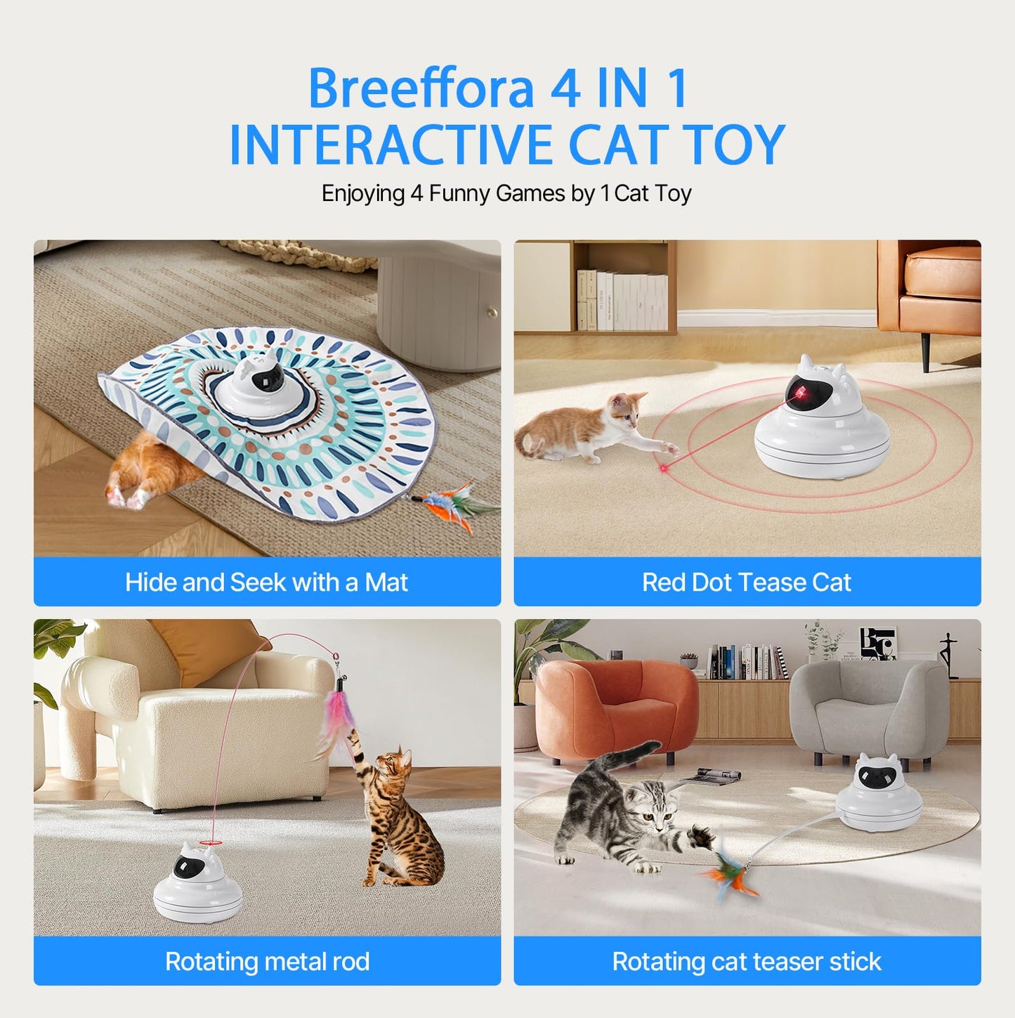 Breeffora Automatic Interactive Cat Toy, Cat Laser Pointer Toy with Random Trajectory, Hide and Seek Moving Feather, Rechargeable Electronic Teaser Wand for Bored Indoor Cats
