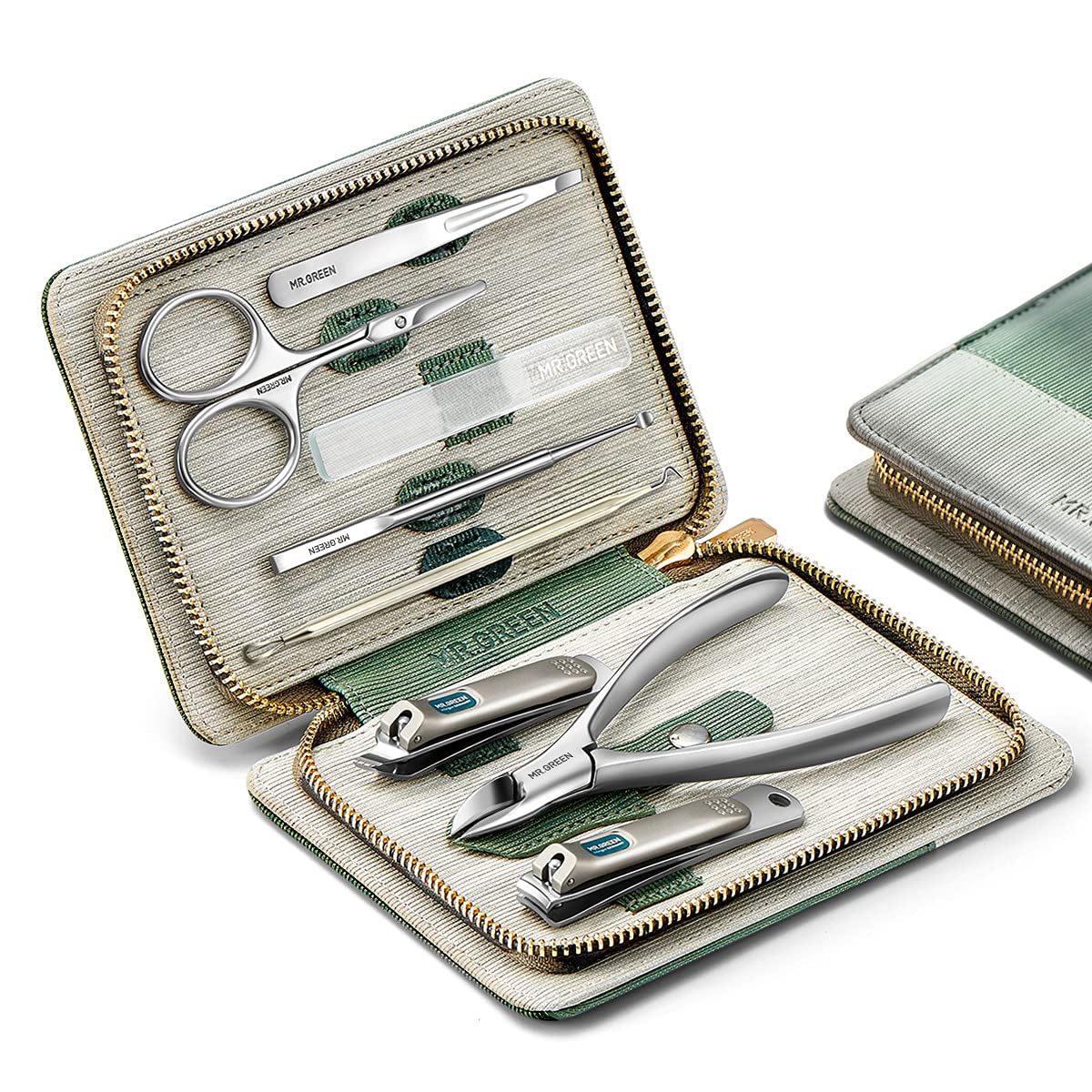 Manicure Set 8 in 1,Professional Pedicure kit,Stainless Steel Manicure Kit,Portable Travel Grooming Kit Nail Care Tools,Nail Clippers Pedicure Tools with Leather Travel Case (green)