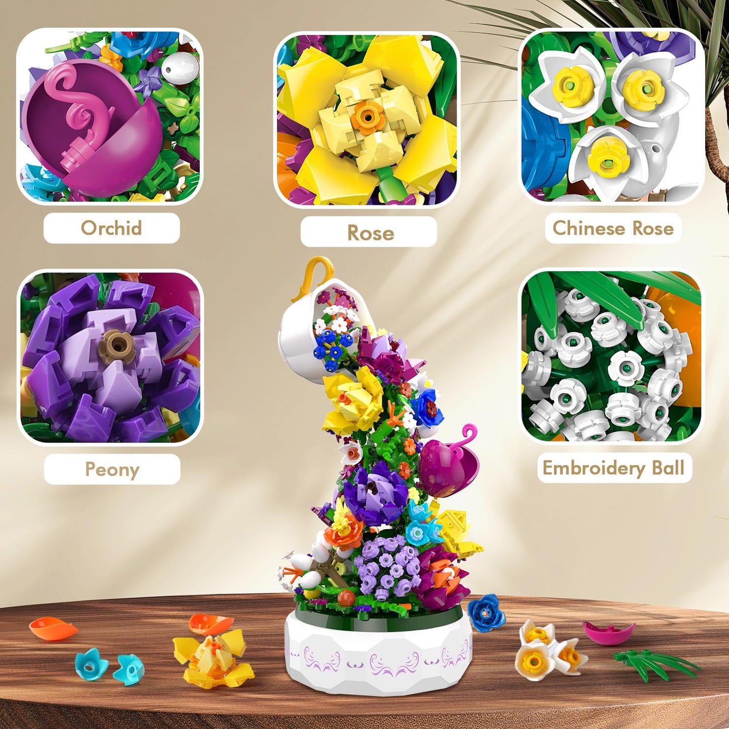 HOGOKIDS Flowers Music Box Building Block Kit with Light- 571PCS Botanical Collection Rotating Music Box Building Blocks Set | Valentine's Day, Birthday Gift for Girls Boys Couples Adults Kids Ages 6+