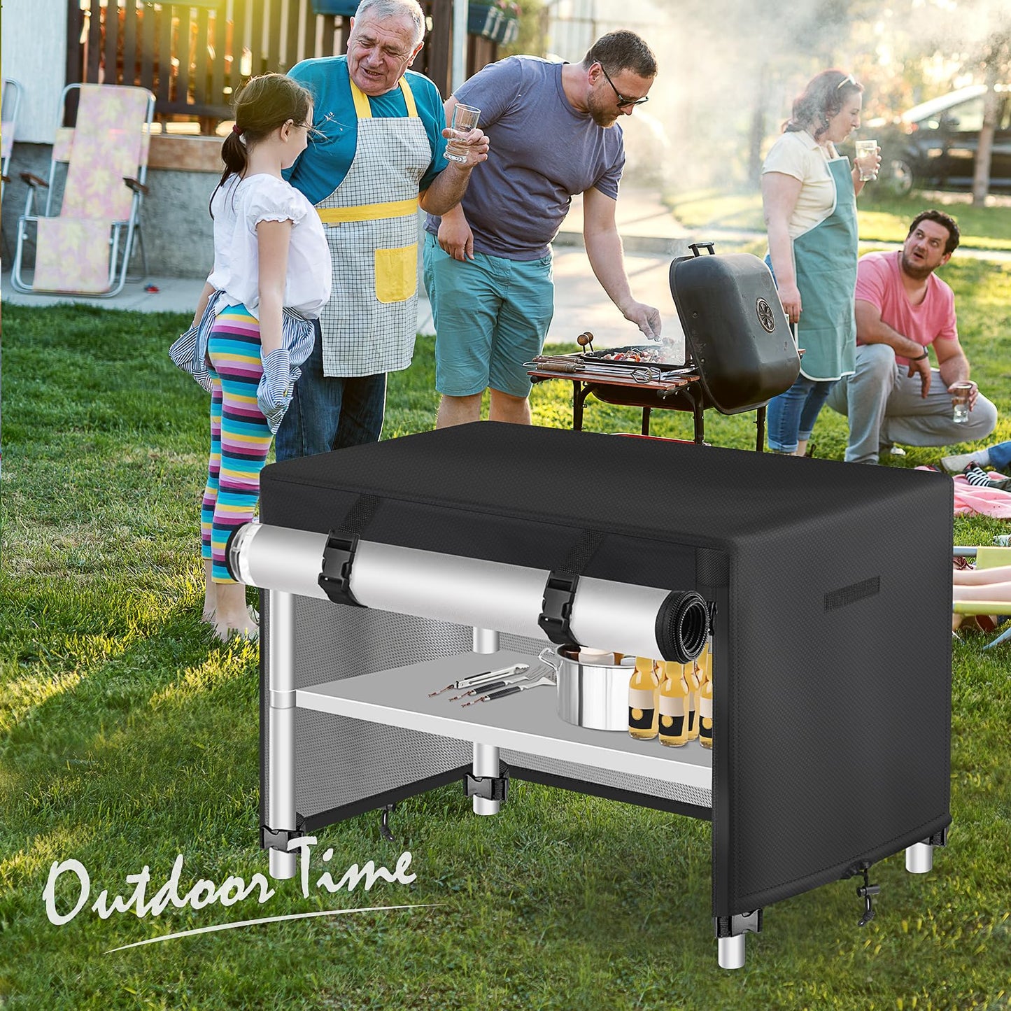TOHONFOO Outdoor Prep Table Cover with Split Zipper - Waterproof Stainless Steel Metal Table Cover for Outdoor Dining, Grill & Cart - 72" L x 30" W x 35" H