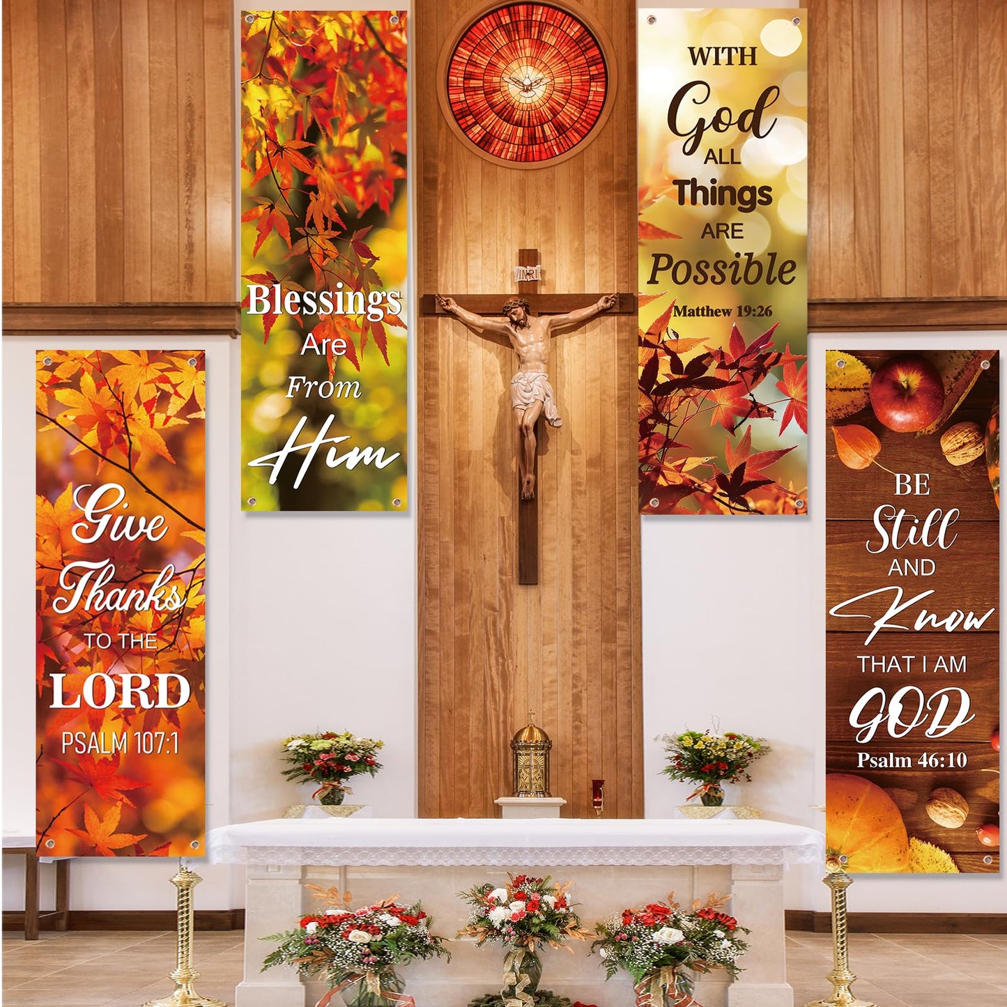 4 Pcs Fall Harvest Church Banners with Bible Verse Backdrop, Religious Praise Hanging Signs, for Church Decorations Sanctuary Wall Fall Harvest Banners