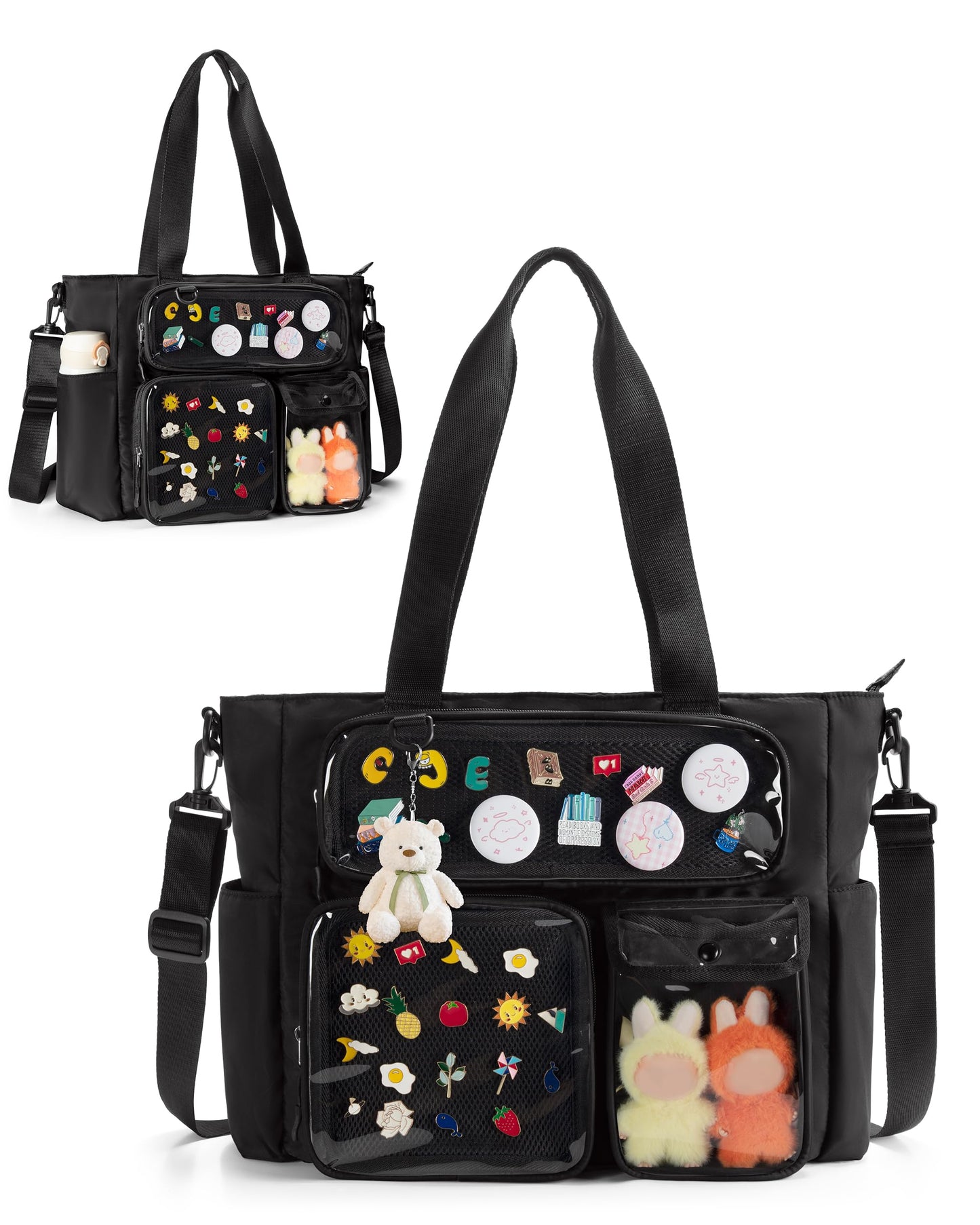 Prokva Large Ita Bag with 3 Pockets & 2 Inserts, Kawaii Ita Tote Pin Display Bag for Anime Kpop Fans, Versatile Messenger Bag, Black, Handbag (Pins NOT Included)