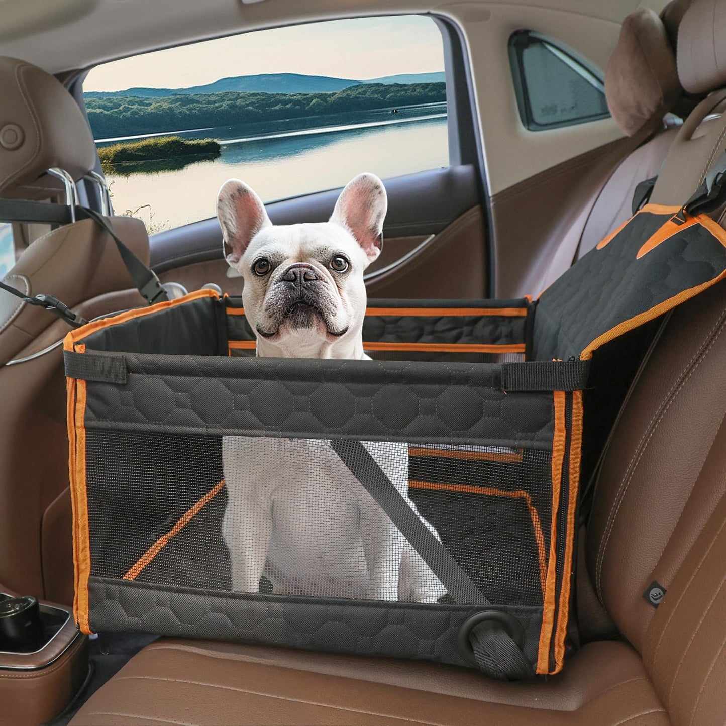 Prpeko Dog Car Seat for Large Dogs,Waterproof Fabric with Breathable Mesh&Adjustable Dog Seat Belt for Car,Dog Bed for Back Seat Up to 30 LB-Small Orange