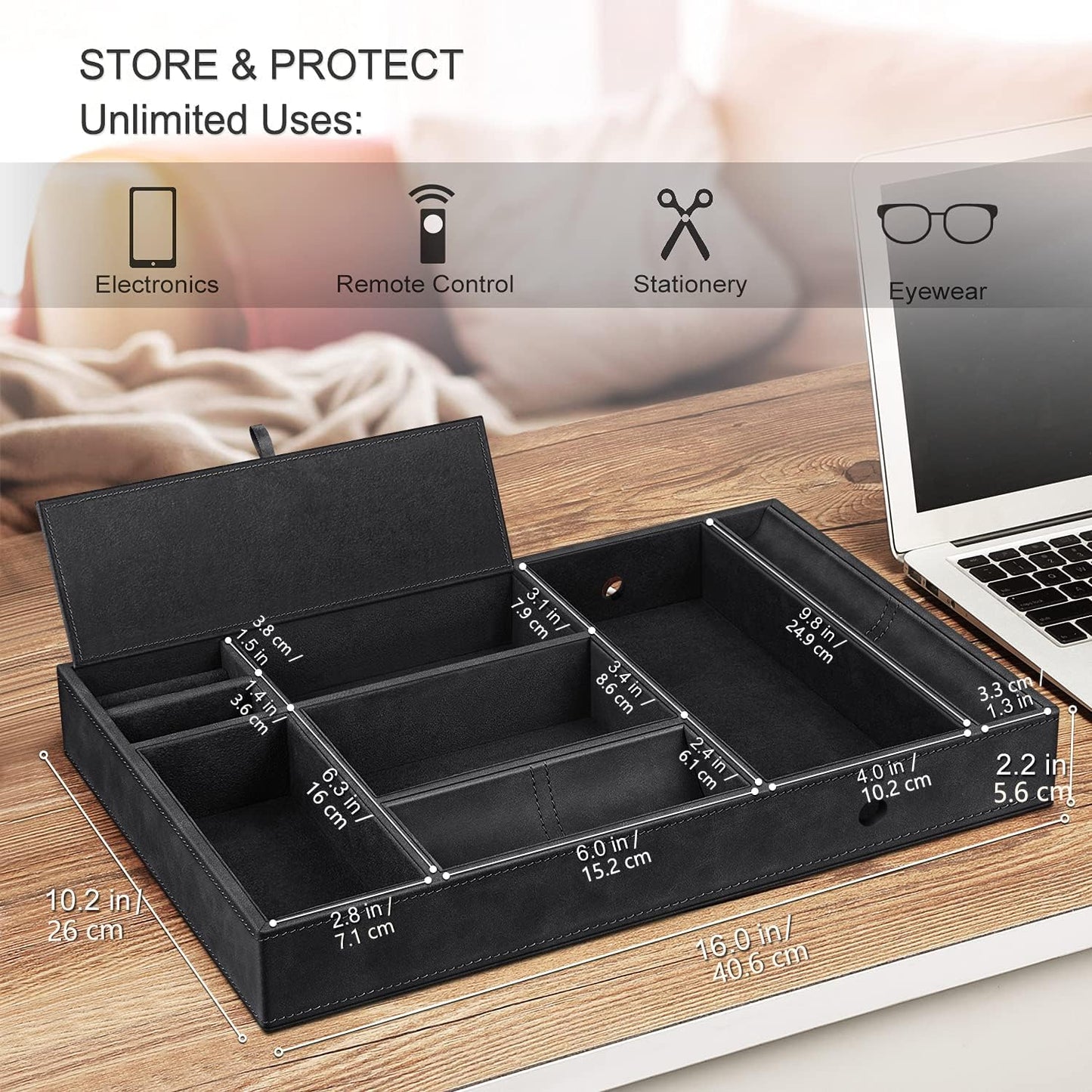 SITHON Desk Organizer - Eight Compartments Universal PU Leather Tray Cosmetic Tray Coin Key Box Jewelry Organizer Black