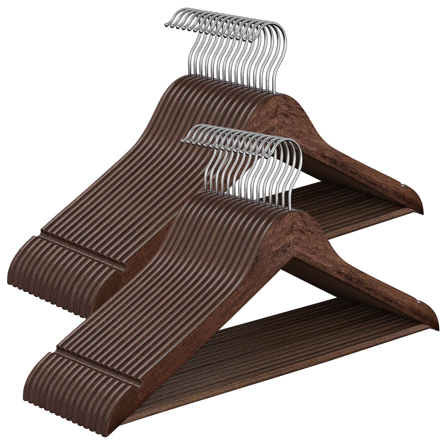 SONGMICS Wooden Hangers, Coat Hangers, Pants Bar, 360° Swivel Hooks, Solid Birch Wood, Space-Saving, for Jackets, Shirts, Coats, Pack of 30, Walnut Brown UCRW030K02