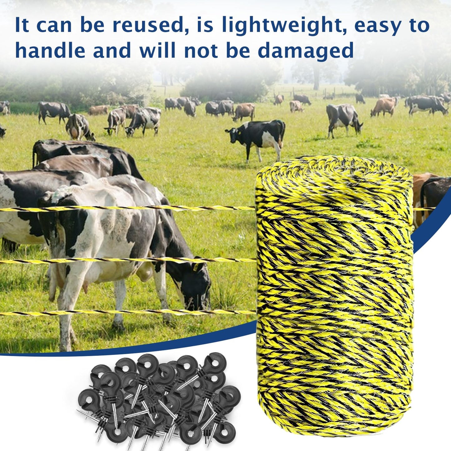 Electric Fence Polywire 660ft, with 50 Electric Fence Insulator and 1 Pcs Insulator Socket Tool, High Conductivity Weatherproof Rust Resistance 6 Steel Strands Electric Fence Wire, for Farm, Pasture