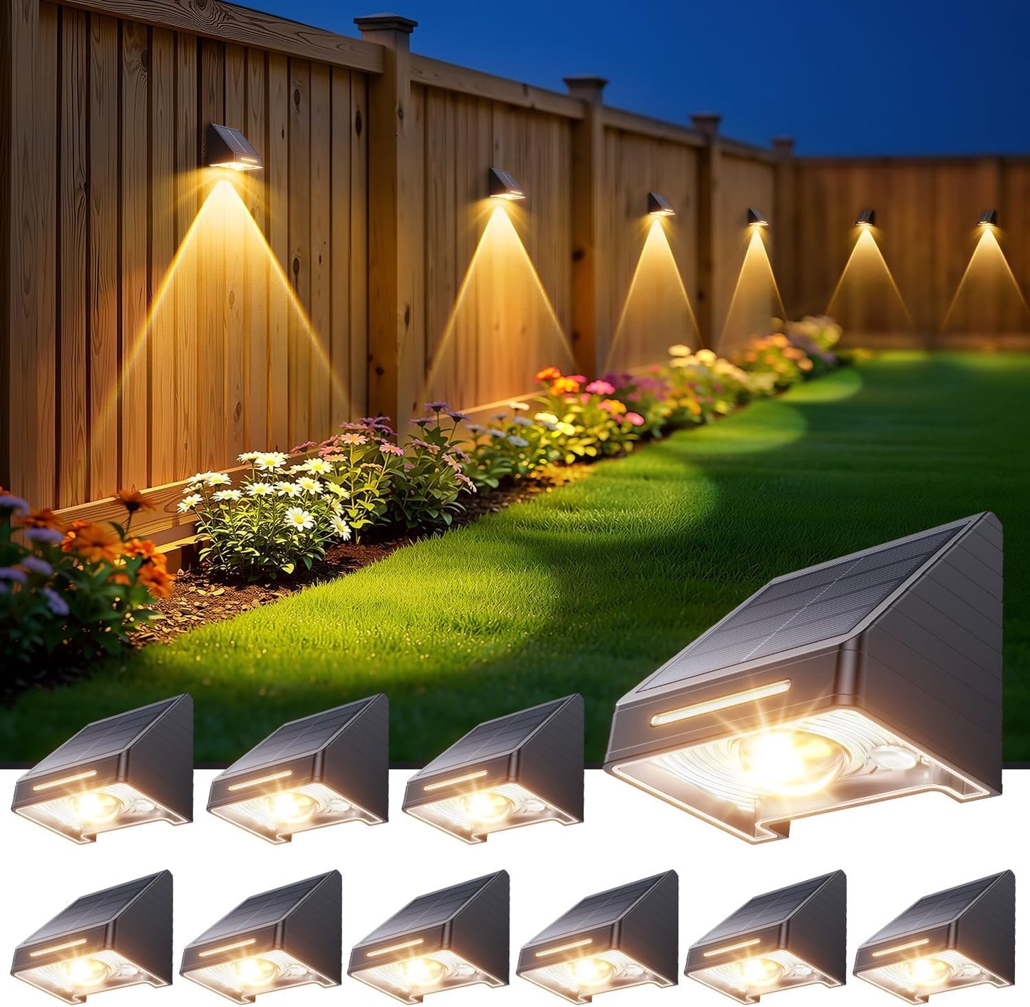 BUCASA Solar Fence Lights Outdoor 8 Pack - Brighter Focused Lens, Cold White & Warm Light Fence Solar Lights Outdoor Waterproof, Auto ON/Off Deck Lighting for Wall, Patio, Backyard, Step, Railing