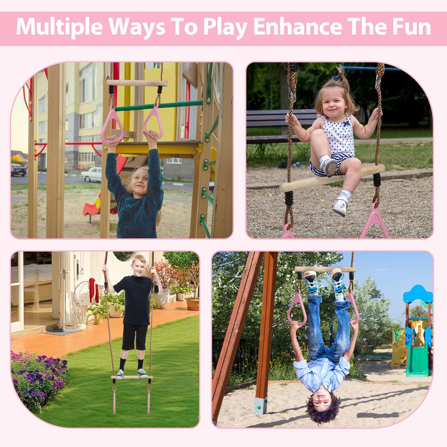 RedSwing Trapeze Swing Bar Rings, Trapeze Bar for Kids with Adjustable Rope, Locking Straps, Outdoor Swing Set Playground Accessories, Pink