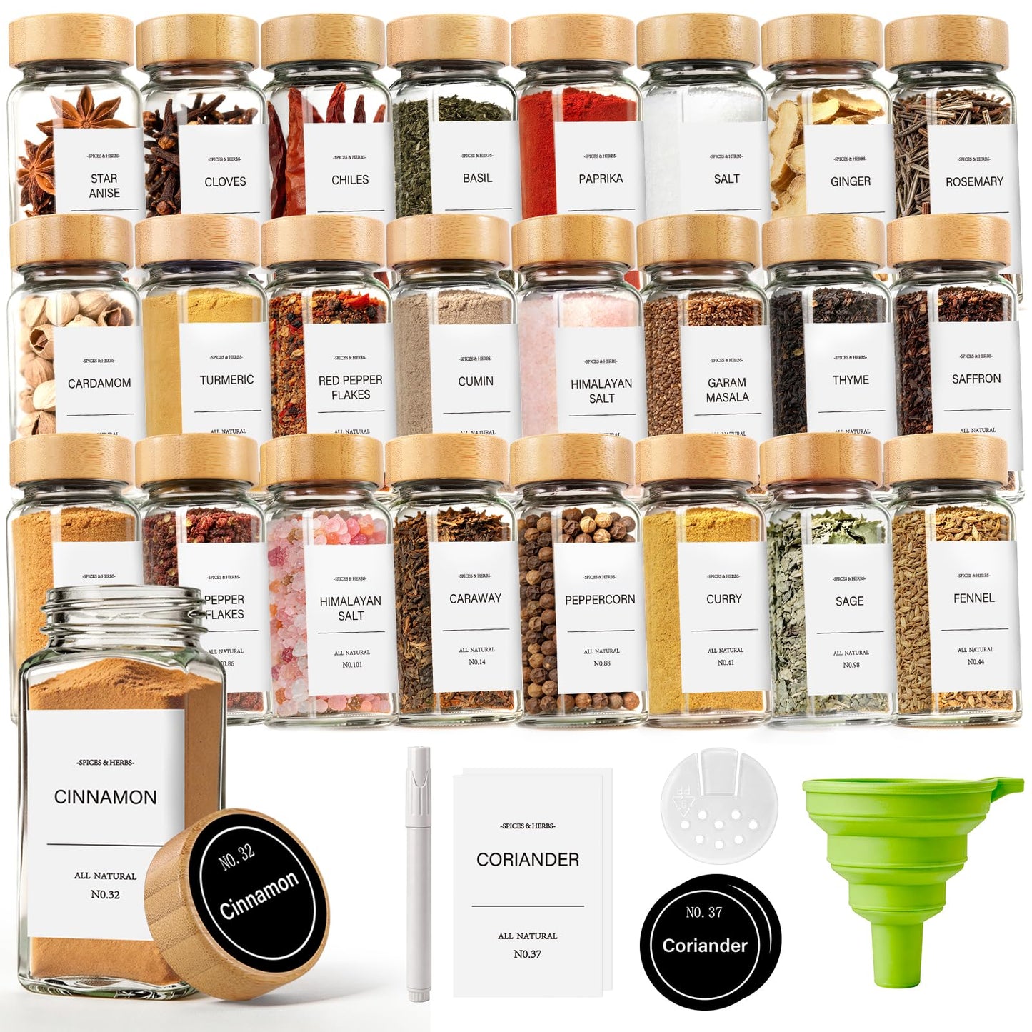 Spice Jars, Spice Jars With Labels-4oz 24pcs, Spice Containers With Bamboo Lids, Seasoning Containers With White Printed Spice Labels, Kitchen Organizer,Spice Bottle