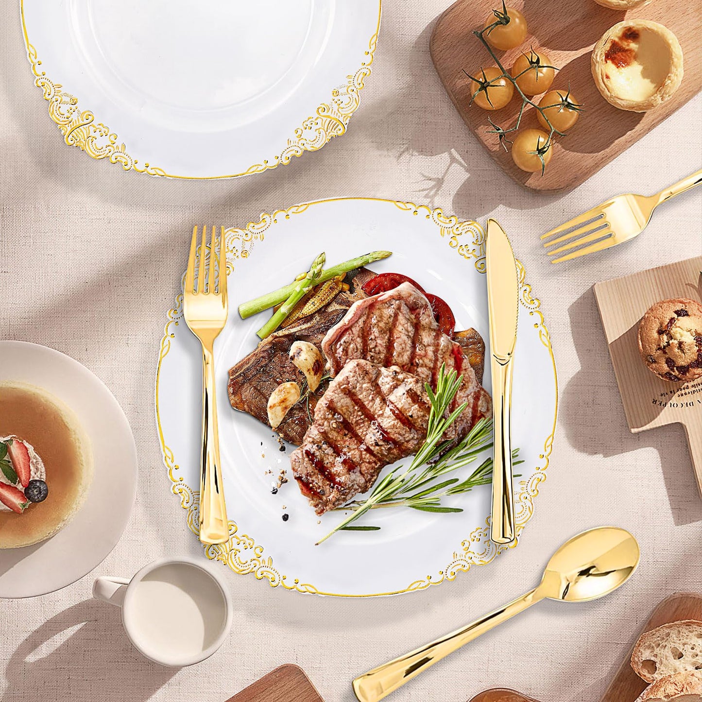 50 Pcs Plastic Plates Plastic Dinner Plates with Gold Rim 10.25 Inch Disposable Party Plates for Weddings Upscale Parties Thanksgiving Tableware (Transparent Gold)