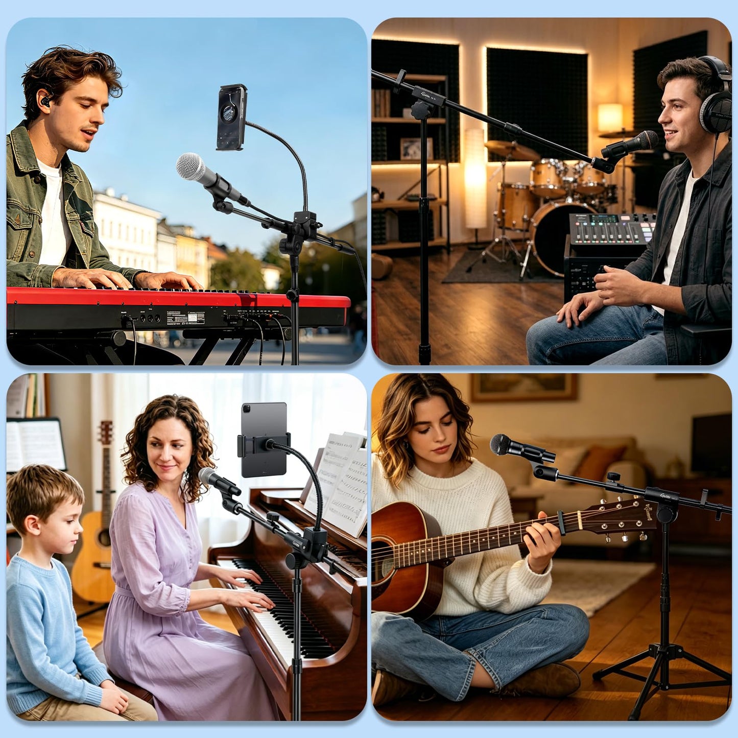 GUITTO Microphone Stand Floor with Phone/Tablet Holder, Adjustable Boom Mic Stand with Heavy-Duty Base, Dual Device Mount for Streaming, Podcasting, Recording, and Live Performances GMS-04