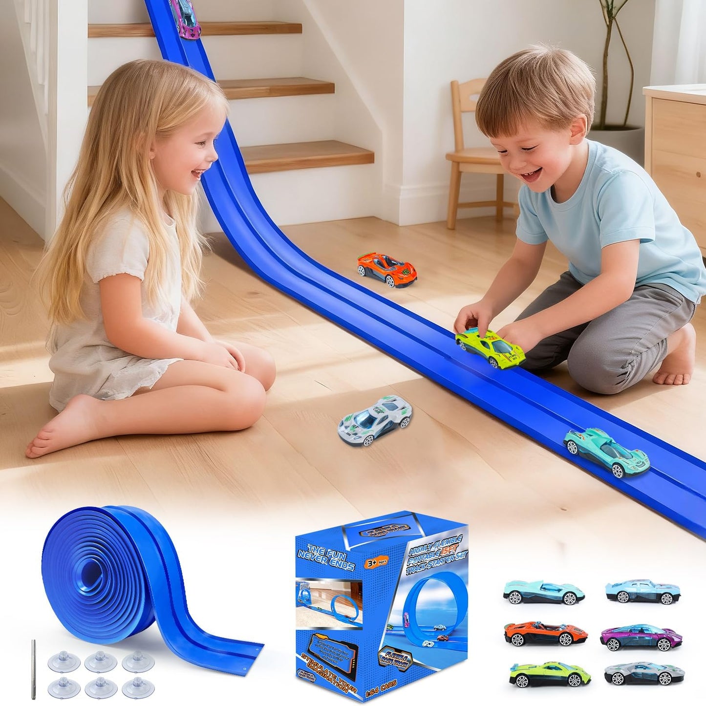 FALDAA 15ft Flexible Race Track for Kids with 6 Cars & 6 Suction Cups, Race Car Ramp Toy Compatible with Hot Wheels and 1/64 Diecast Cars, Portable Slot Car Track for Ages 3+