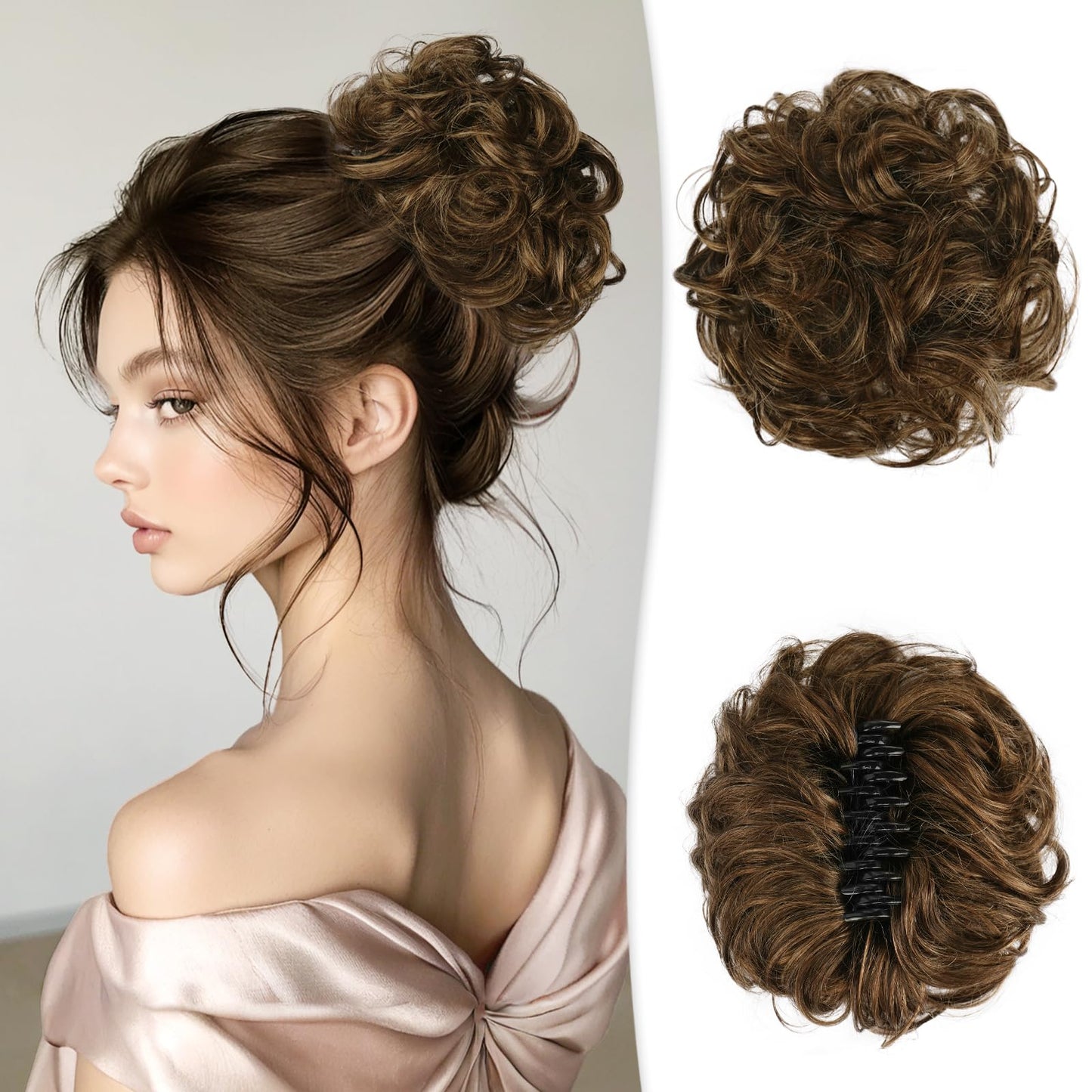 RUWISS Claw Clip Messy Bun Hair Piece Large Real Human Hair Bun Wavy Curly Chignon Hair Bun Extensions Tousled Updo Hair Pieces for Women Claw Clip Ponytail Hair Scrunchies for Women, Brown Mixed