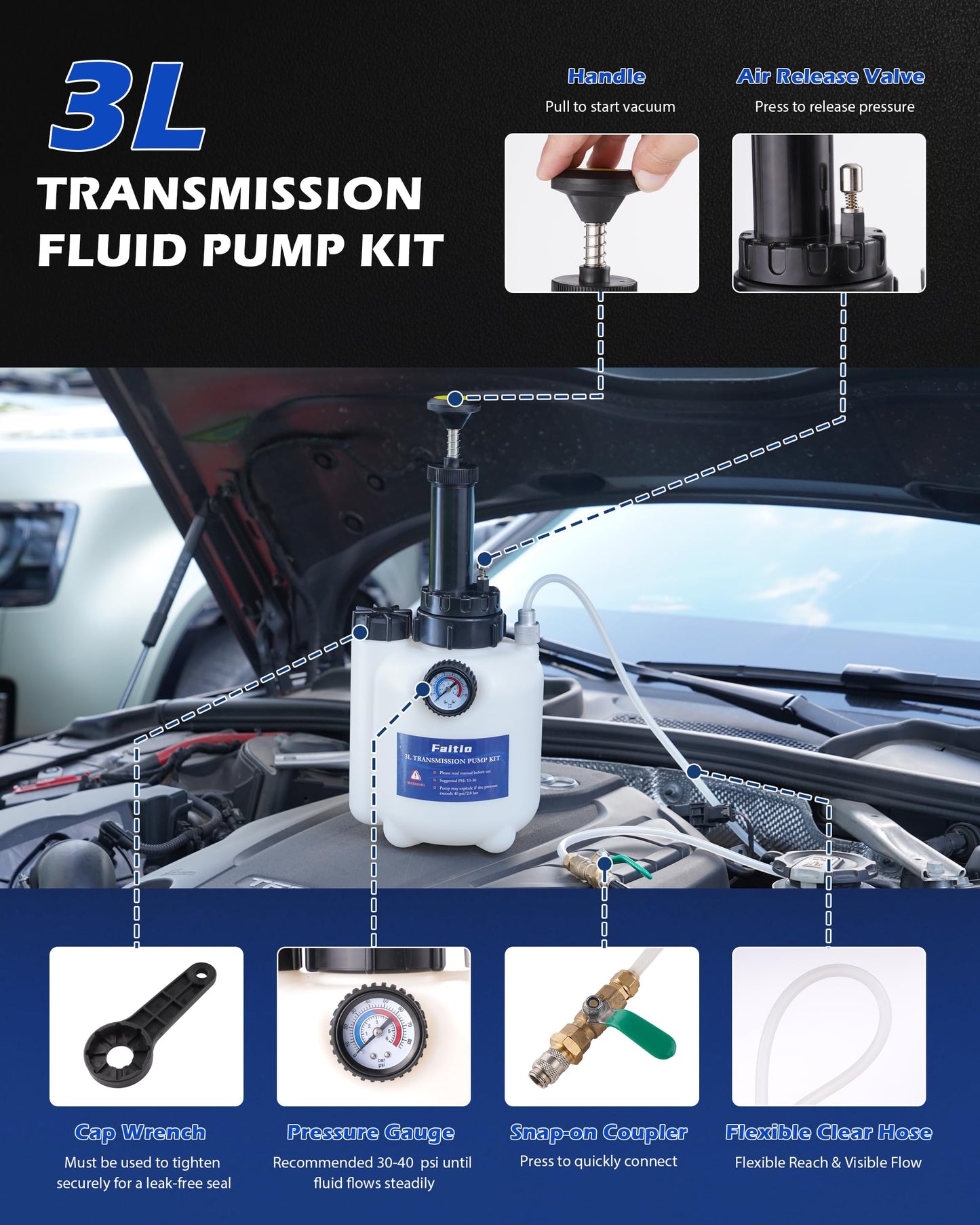 FAITIO 3L Transmission Fluid Transfer Pump w/ 12 ATF Adapters, Automotive Fluid Pressure Pump for Refilling Transmission, Differential and Gear Oil, Manual Car Oil Dispenser Pump