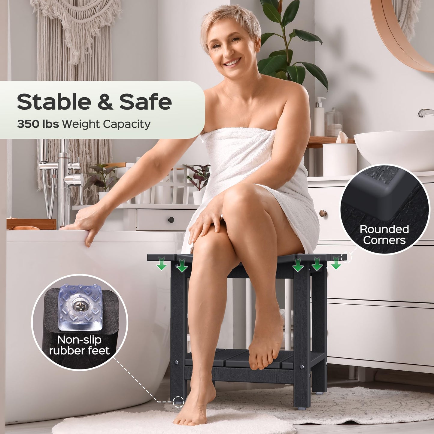LyriFine Shower Bench, 18.5 Inch HDPE Waterproof Shower Stool for Inside of Shower, Bathroom Shower Chair with Shower Head Holder, 350LBS Sturdy Shower Stool for Elderly Seniors Shaving Legs, Black