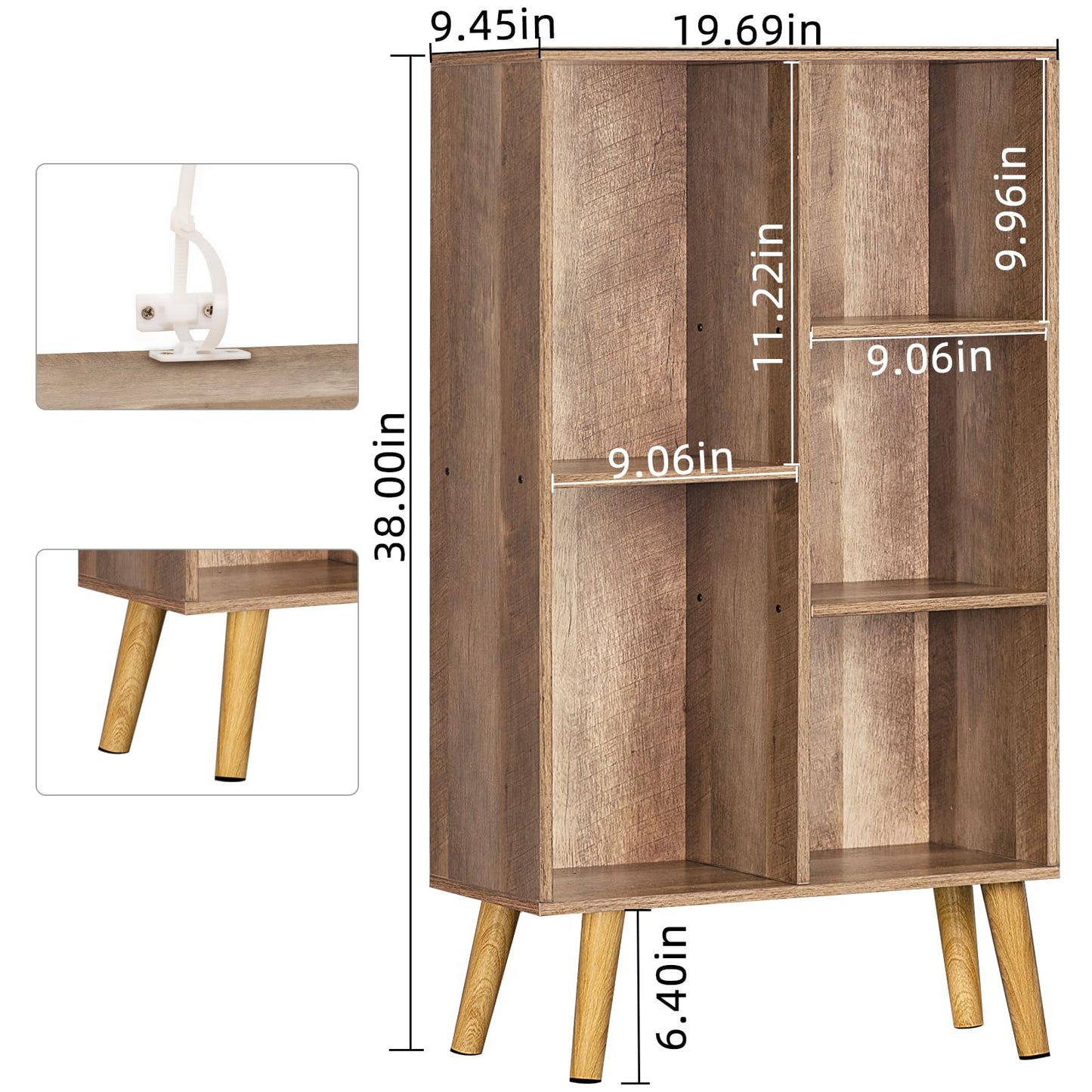 LEYAOYAO Wooden 5 Cube Bookshelf, Oak 3 Tier Book Shelf with Legs, Modern Open Storage Boho Organizer Bookcase,Display Cabinet Shelf Free Standing Bookshelves for Bedroom,Living Room,Study