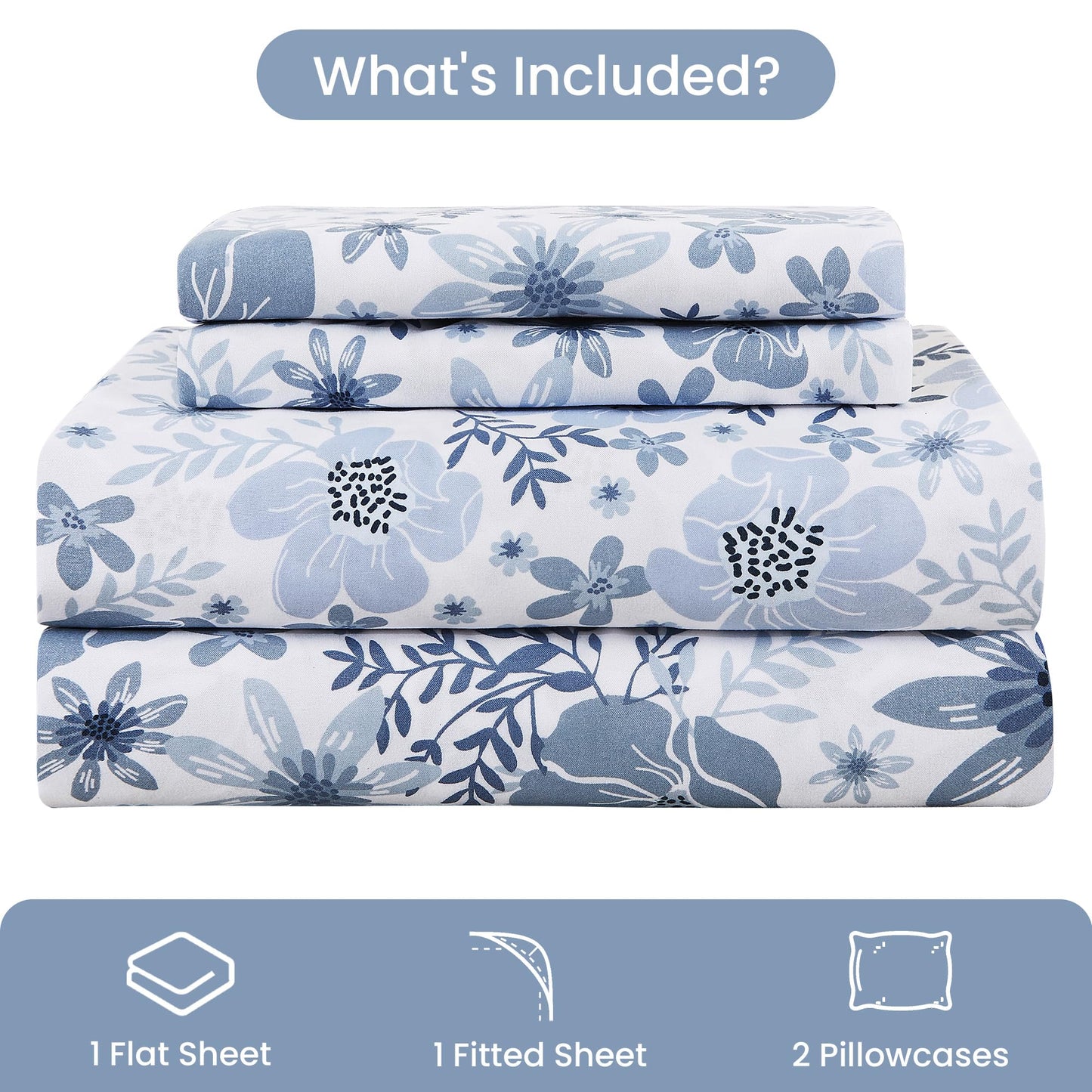 Mooreeke Floral Queen Sheets, Soft Breathable Microfiber Vintage Printed Bed Sheet Set, Deep Pocket Non-Slip Fitted Sheet Included, Blue Flower Pattern