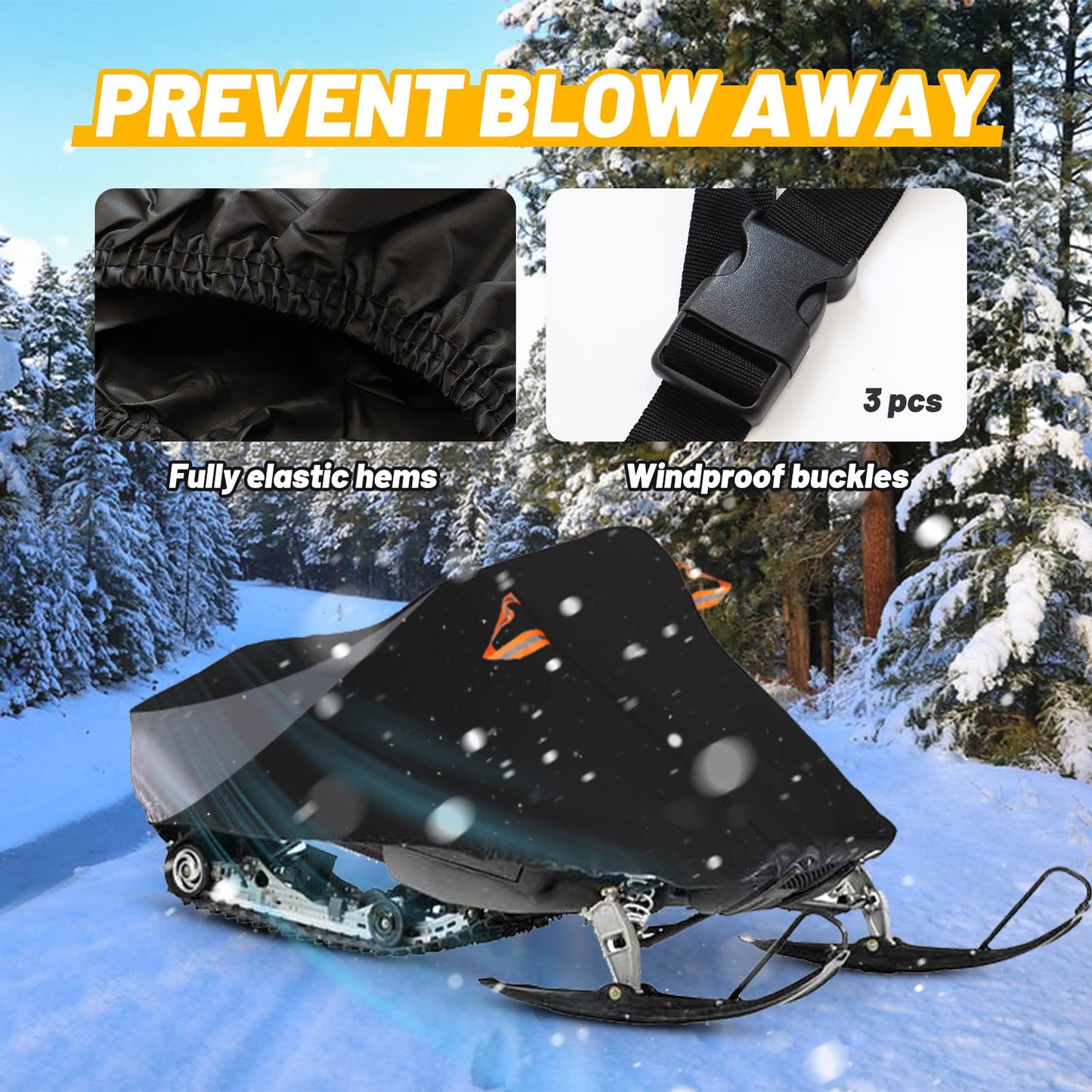 AUTOLION Waterproof Snowmobile Cover, Compatible with Polaris Ski Doo Arctic Cat Yamaha, Windproof Snowshield Cover with Windproof Buckles (130''L × 51''W × 48''H) Black and Grey