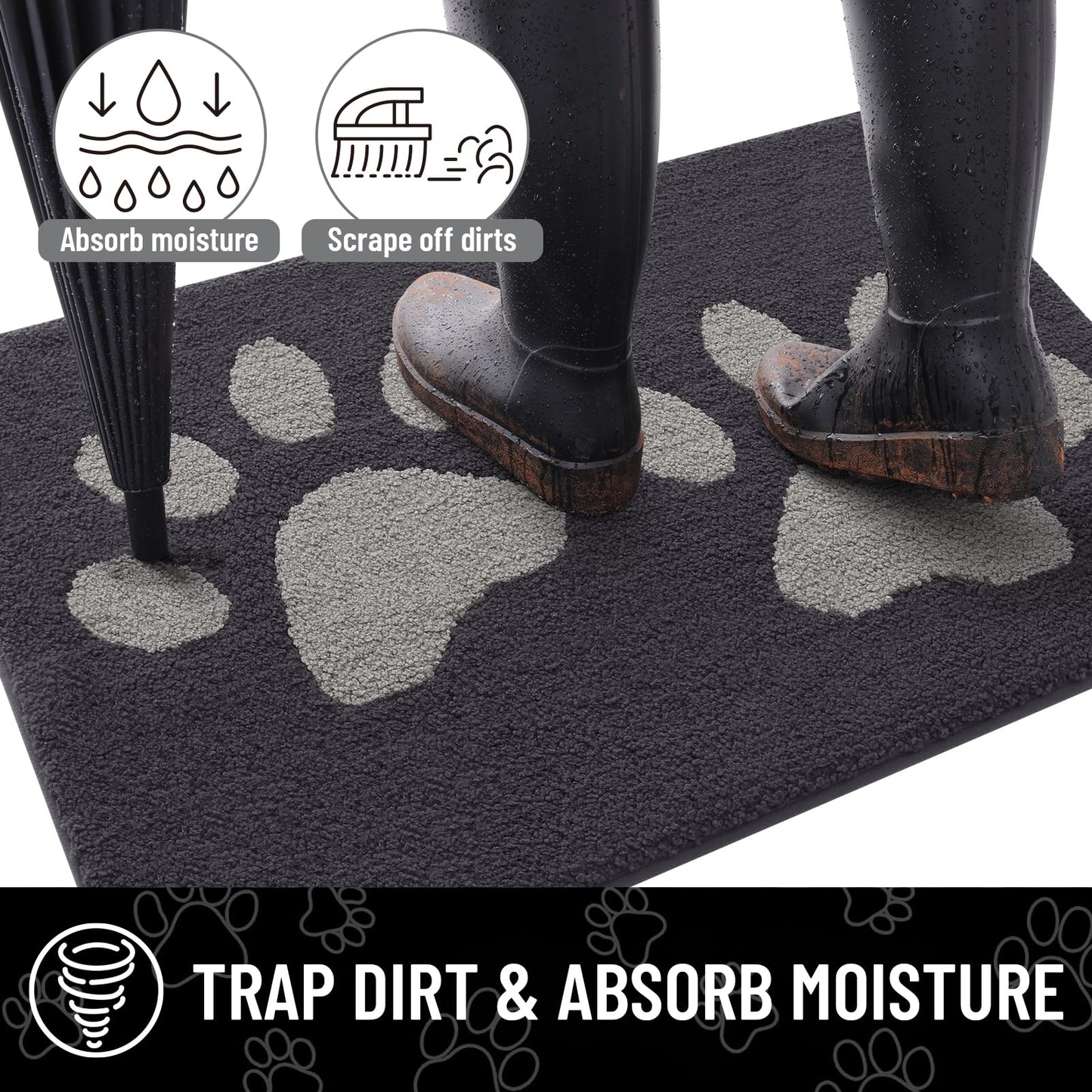 Arotive Indoor Door Mat, 24" x 36" Absorbent Dirt Resist Washable Front Back Door Mat, Non-Slip Low-Profile Dog Paws Entrance Doormat, Durable Inside Floor Mats for Entryway, Dark Grey