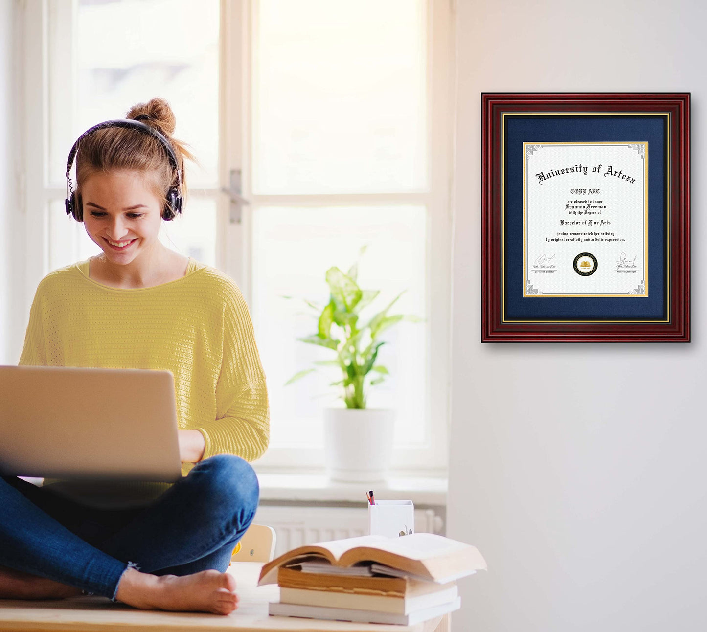 CORE ART 11x14 Diploma Frame Display Certificates 8.5 x 11 with Navy Mat or Documents 11 x 14 without Mat, College Degree Wooden Frame with Tempered Glass for Wall and Tabletop Display(Cherry Red)
