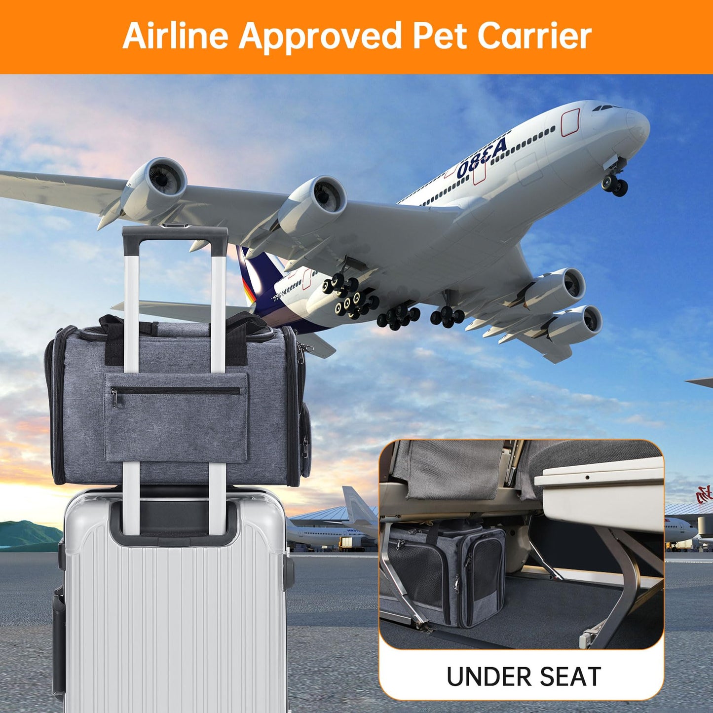 Cat Carrier Pet Travel Carrier by Airplane Approved Under seat, TSA Airline Approved Soft-Sided Carrier Bag for cat,Dogs,17.5 x 8.5 x 11 inches,Grey