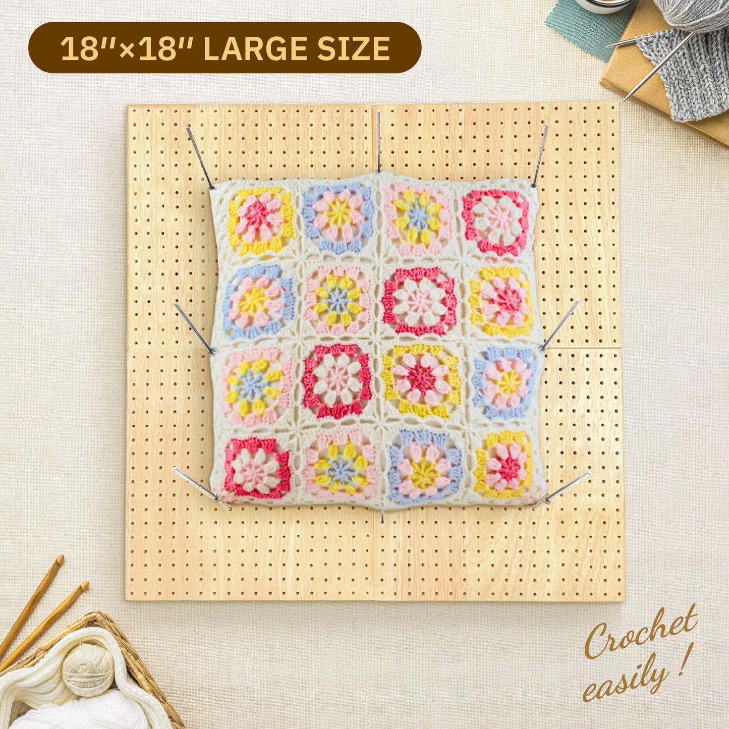 SGIBYN 18" x 18" Crochet Blocking Board 4-in-1, Magnetic Splicing Crochet Granny Square Blocking Board with 40 5.9" Pegs, Large Blocking Boards Mats for Crochet Knitting Projects,Gifts for Crocheters