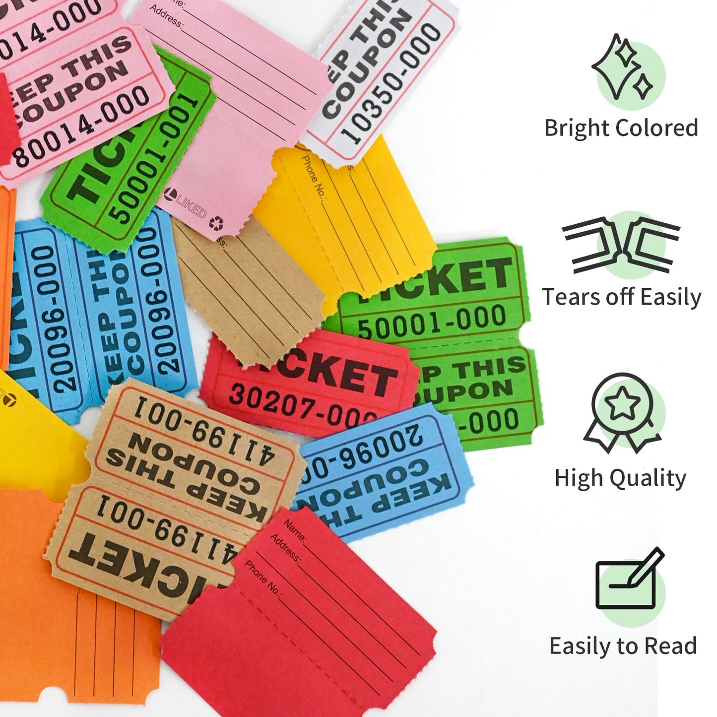 L LIKED 8000 Assorted Raffle Tickets with Consecutive Serial Numbers, 8 Rolls of 1000, 50/50 Raffle Tickets Double Roll for Events (Orange, Blue, Green, Brown, White, Pink, Red, Yellow)