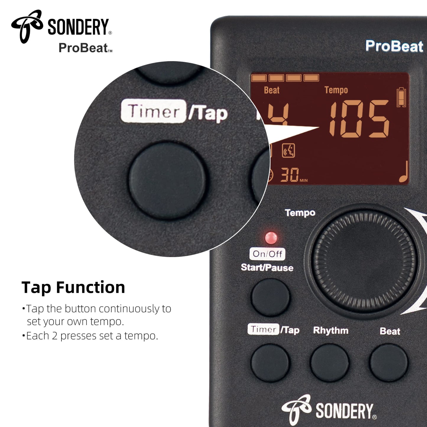 Sondery Digital Metronome for Guitar Piano Drum and All Instruments with Timer, English Vocal Counting and 3 Different Sounds with Earphone Jack and Flashing Light, Loud Volume, Rechargeable
